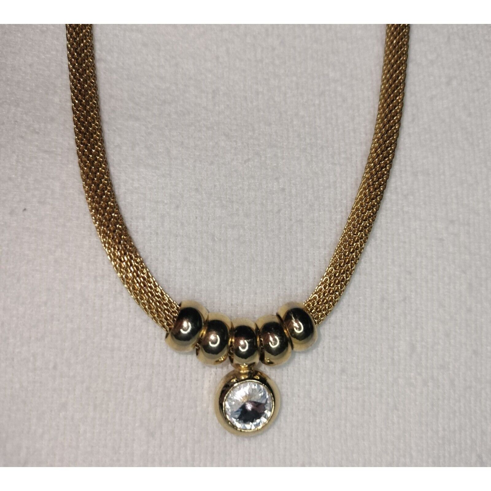 Vintage Gold Tone Metal Mesh Tube Necklace Ring Stoned Pendant Circa Size ONE SIZE - 2 Thumbnail
