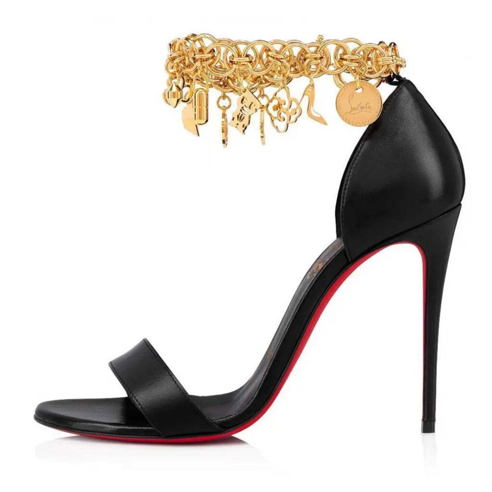Christian Louboutin Gourmi Sandal 100 Black Gold Charm Ankle Strap Heel Pump 39 Size US 9 / IT 39 - 3 Thumbnail