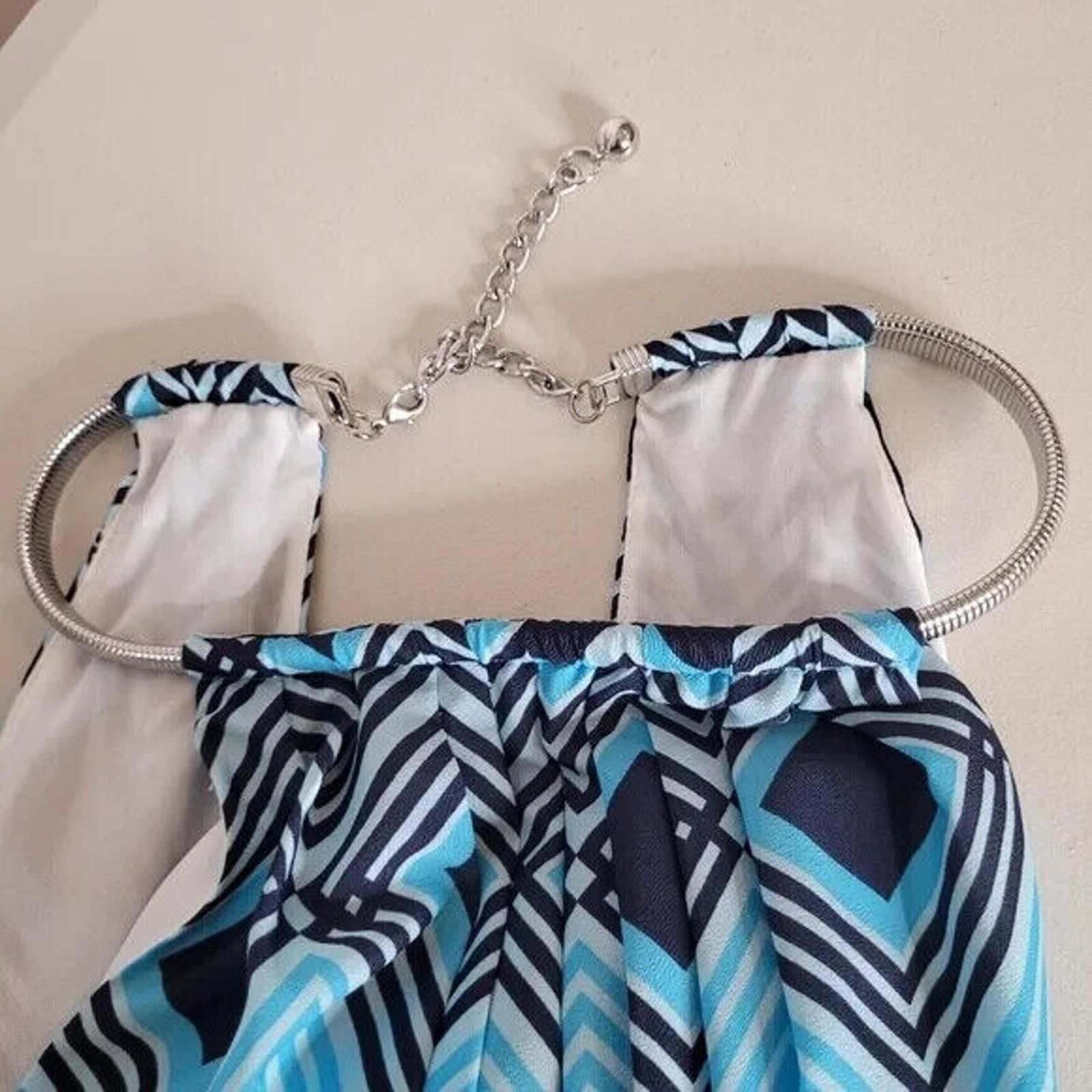 White House Black Market WHBM GEO PRINT BLUE SQUARES SILKY HALTER MAXI DRESS - SZ M Size M / US 6-8 / IT 42-44 - 4 Thumbnail