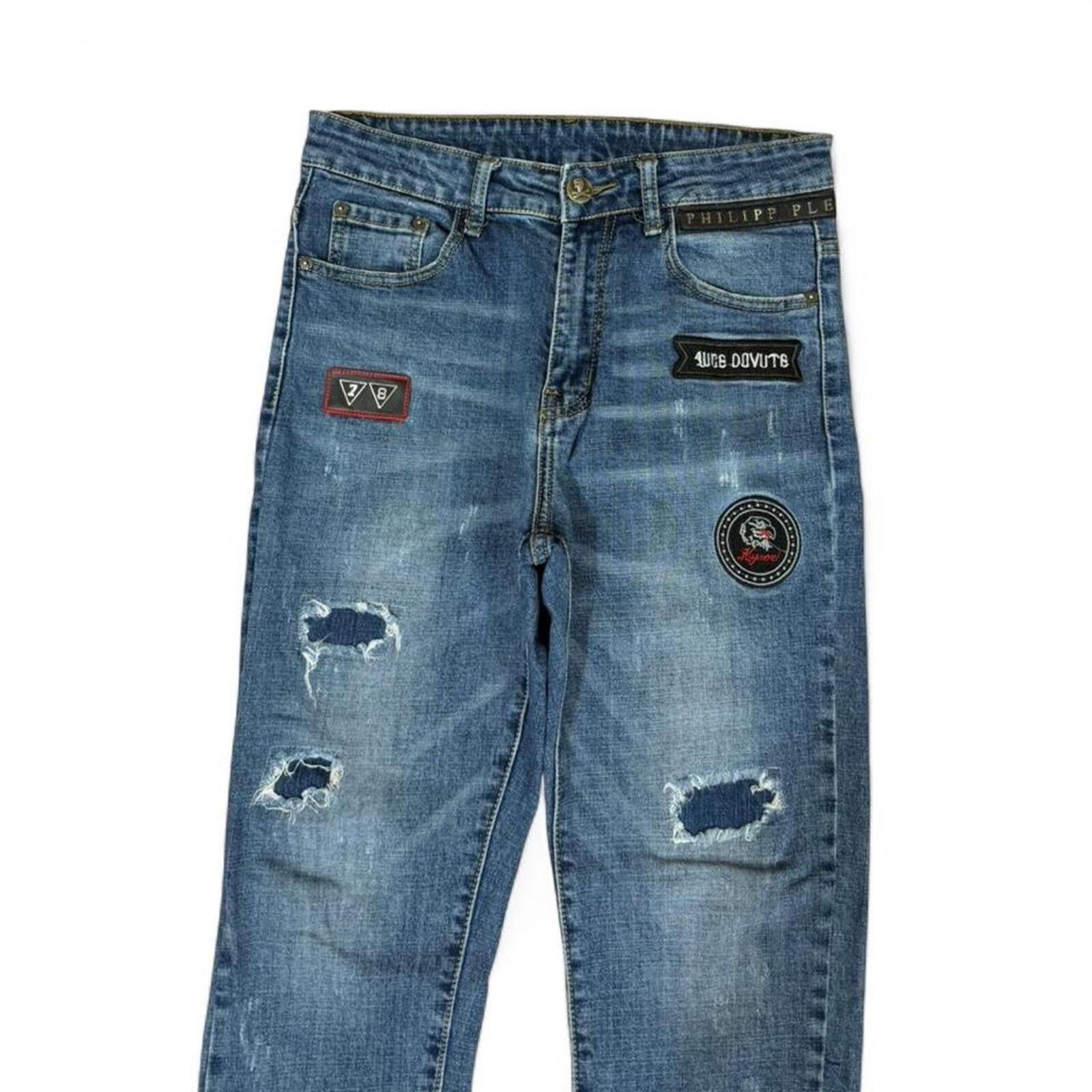 True Religion Philipp Plein blue jeans with patches with stretchable hem Size 30" / US 8 / IT 44 - 2 Thumbnail