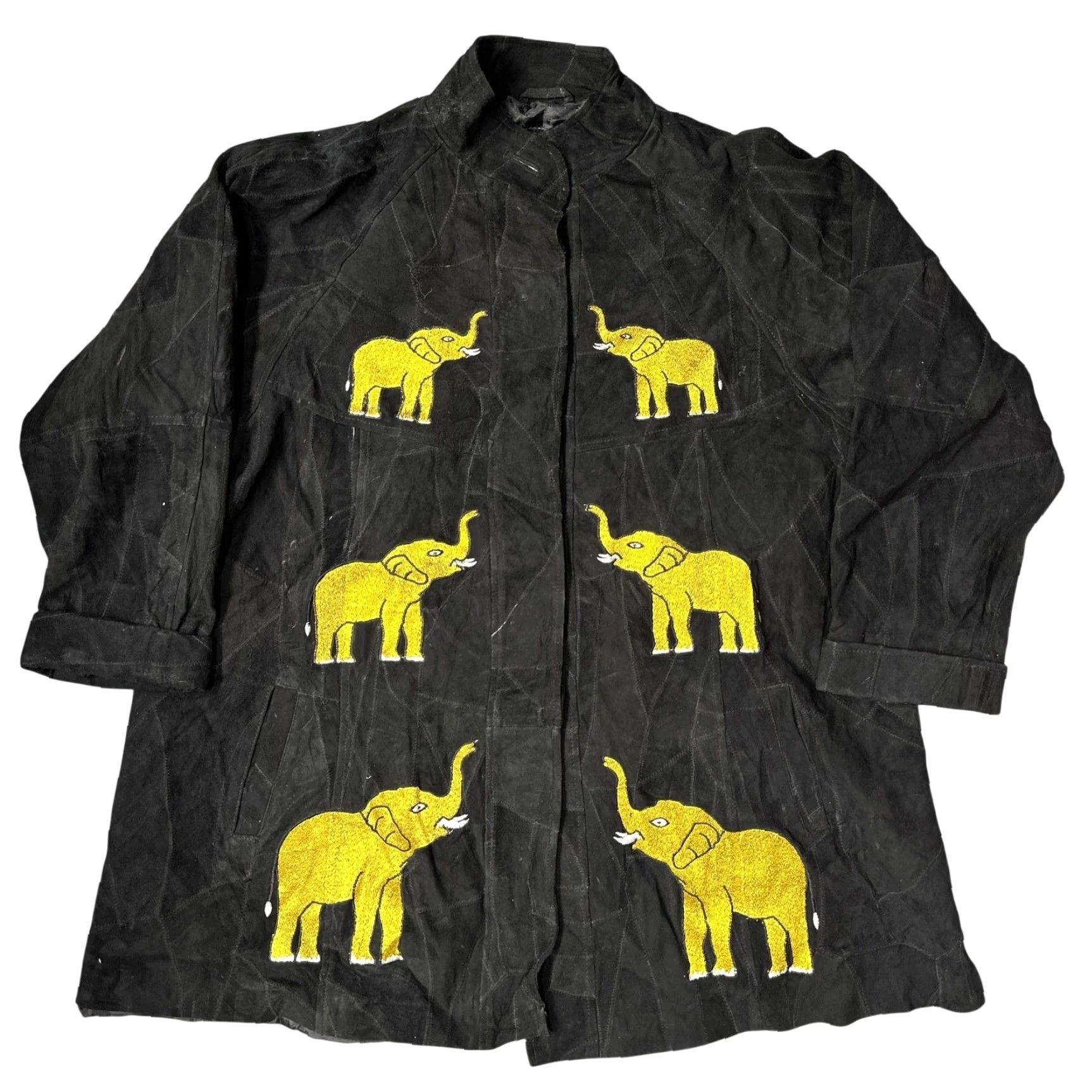 Vintage VINTAGE The African Star Leather Coat Jacket OSFA Womens Medium Elephant Black Yellow Coat Size M / US 6-8 / IT 42-44 - 2 Thumbnail