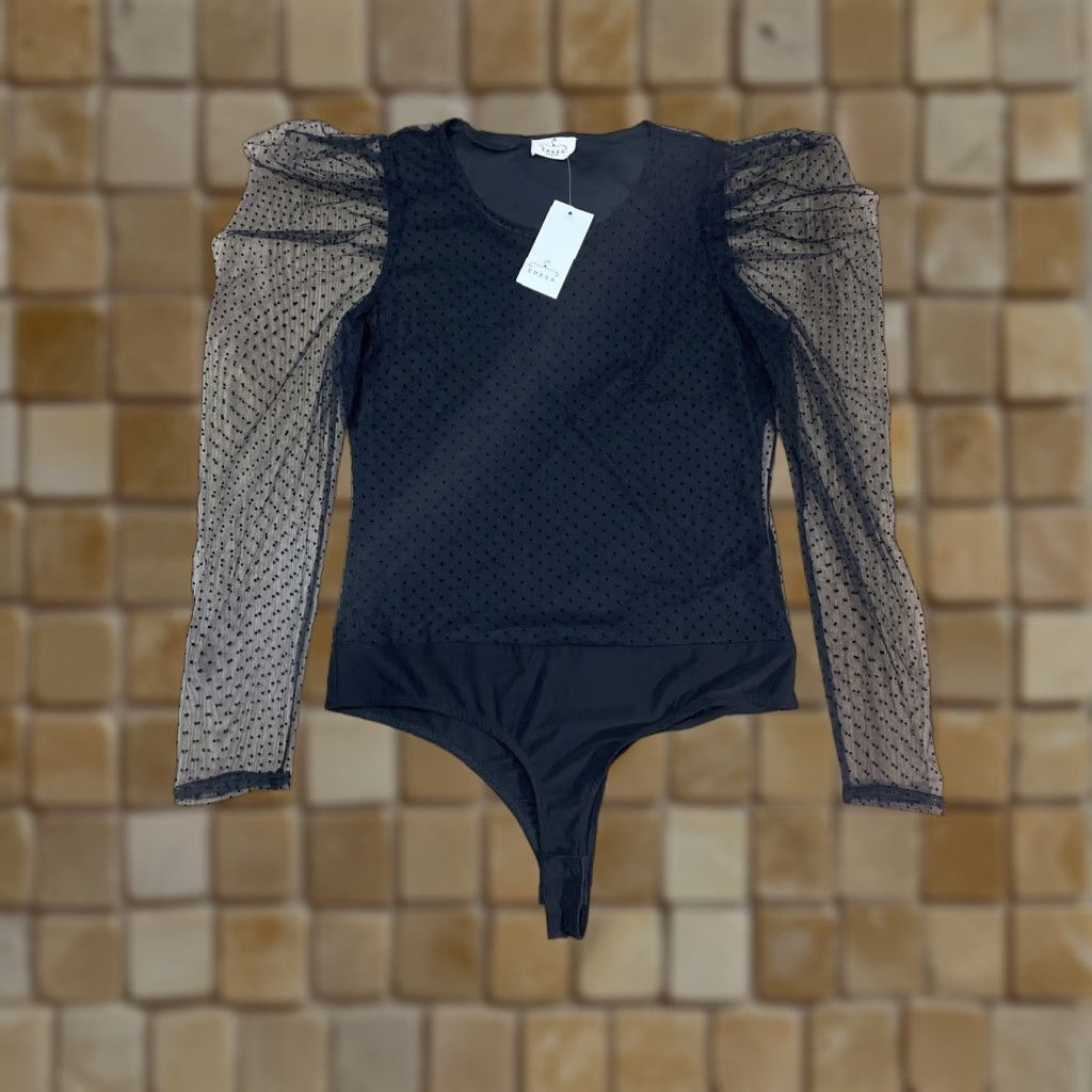 Vintage EMBERT Black Sheer Sleeve Bodysuit Women Large Size L / US 10 / IT 46 - 1 Thumbnail