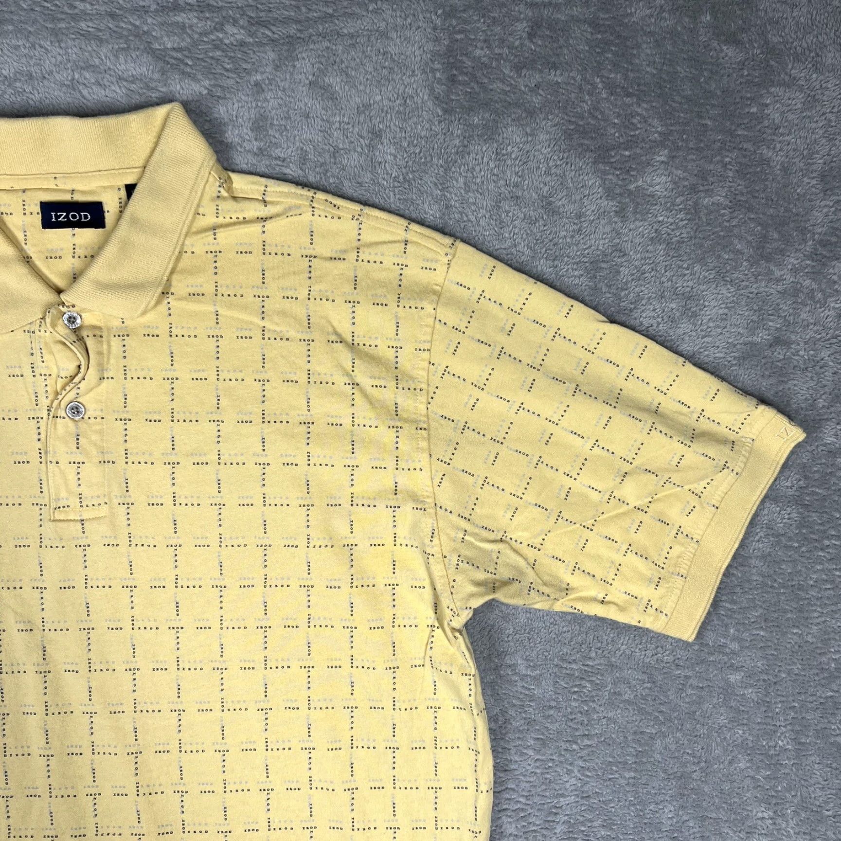 Izod VINTAGE IZOD Polo Shirt Mens Large Striped Text All Over Print Yellow 100% Cotton Short Sleeve Button Closure Casual Rugby Style Retro Modern Mens Size US L / EU 52-54 / 3 - 2 Thumbnail
