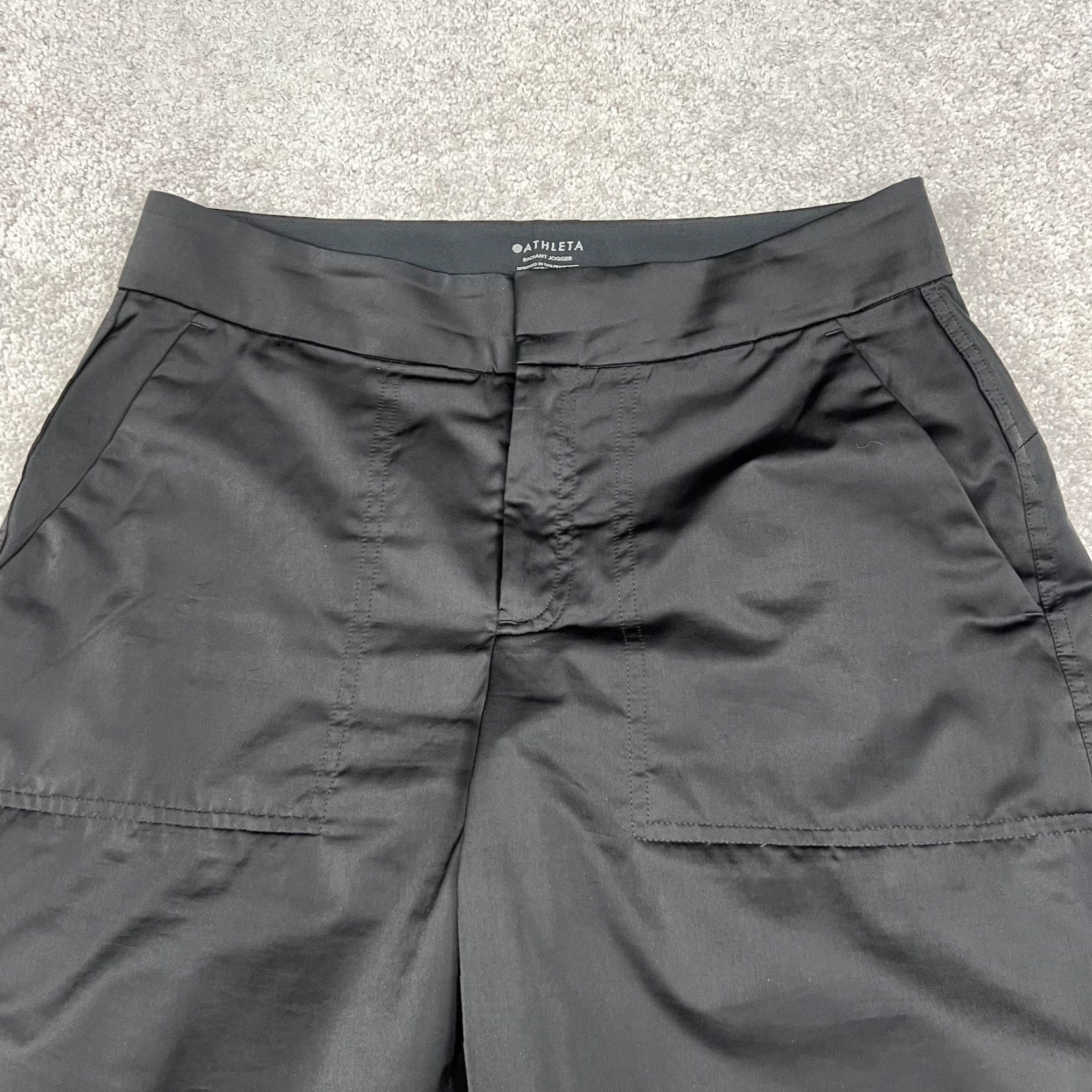 Athleta Athleta Radiant Jogger Pants Womens 6 Black Satin Tapered Athleisure Travel Ankle Zip Inseam 28” Size 28" / US 6 / IT 42 - 2 Thumbnail