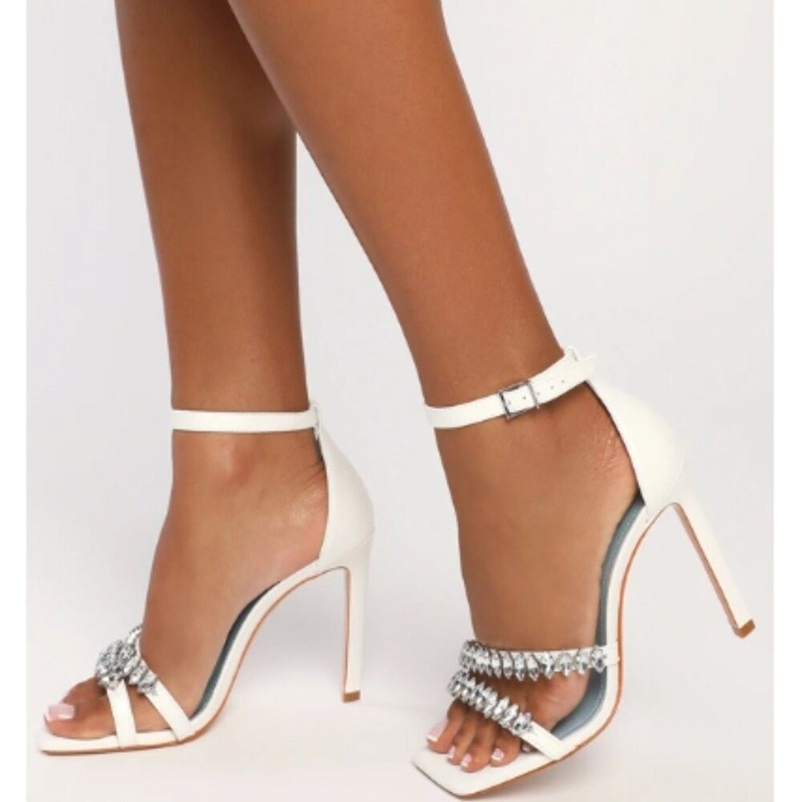 SCHUTZ SCHUTZ White Rhinestone Stiletto Heels Square Toe Size 8B Size US 8 / IT 38 - 3 Thumbnail