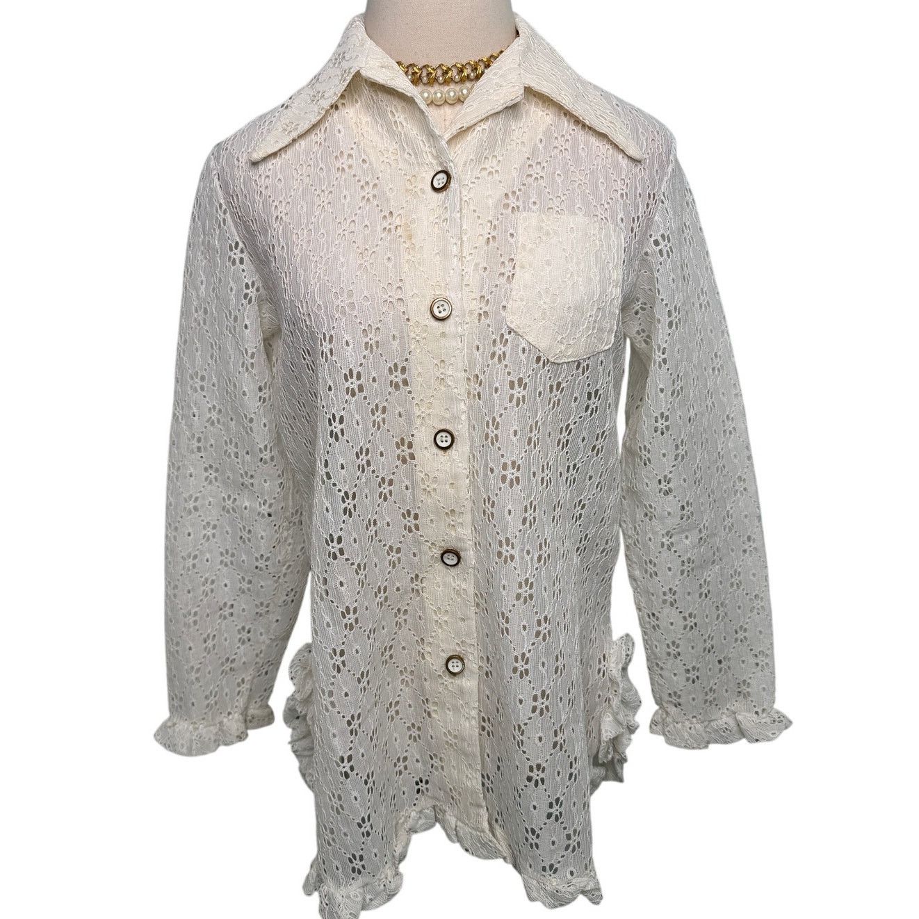 Vintage Vintage 70s Daisy lace ruffle hem wide collar blouse M Size M / US 6-8 / IT 42-44 - 1 Thumbnail