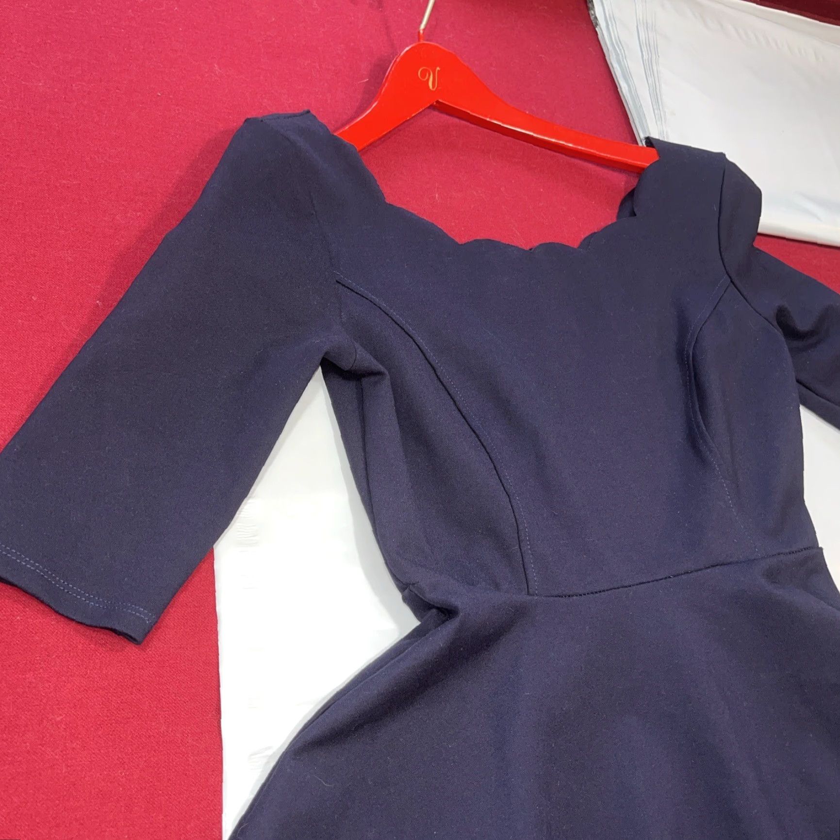Lulus VINTAGE S Lulus BLUE DRESS Scallop Wide Neck FLARED Zip 3/4 Slv Stretchy Rayon Skater S Size S / US 4 / IT 40 - 4 Thumbnail