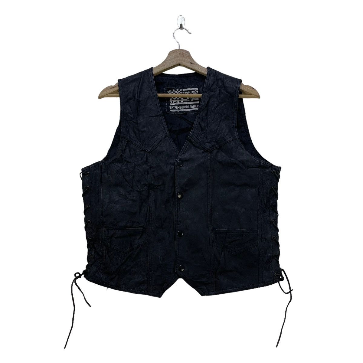 image of Ekam x Harley Davidson Vintage Leather Vest Jacket in Black, Men's (Size Medium)