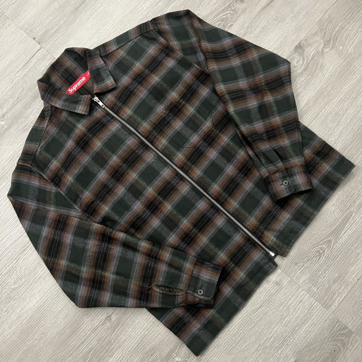 Supreme Supreme Shadow Plaid Zip Up Flannel Shirt in Green Brown