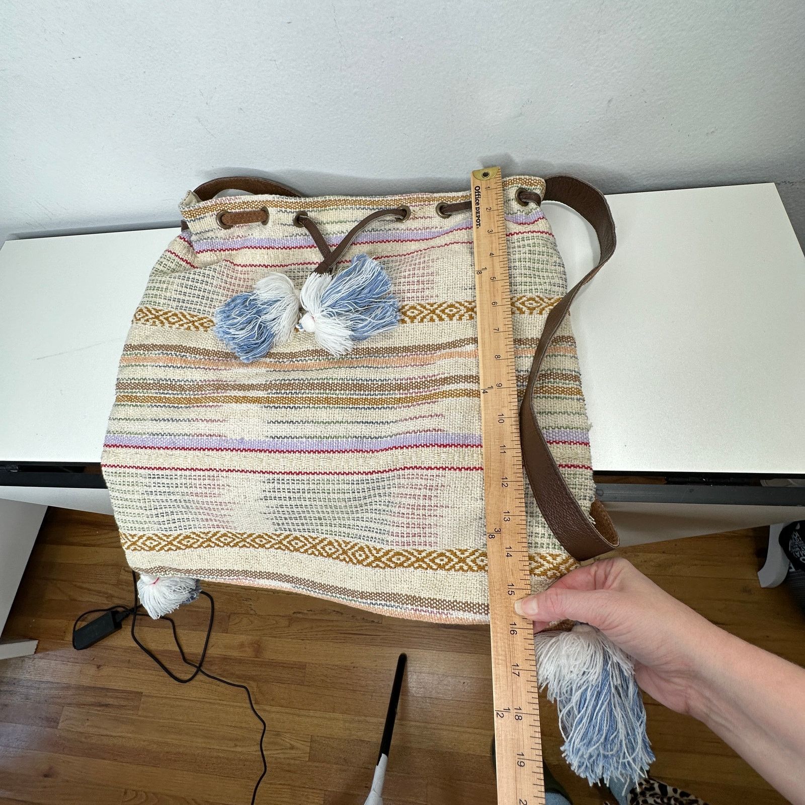 Other Lovestitch Tan Multicolor Striped Canvas Boho Bag Drawstring Size ONE SIZE - 14 Thumbnail