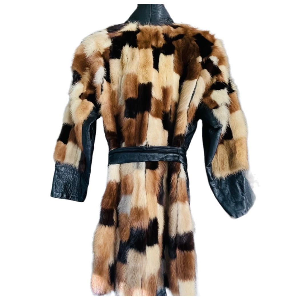 Vintage FUR COAT Genuine Y2K Vintage Rabbit Fur Leather Patchwork Long Belted Winter Coat Jacket Size XL / 14-16 Size L / US 10 / IT 46 - 4 Thumbnail