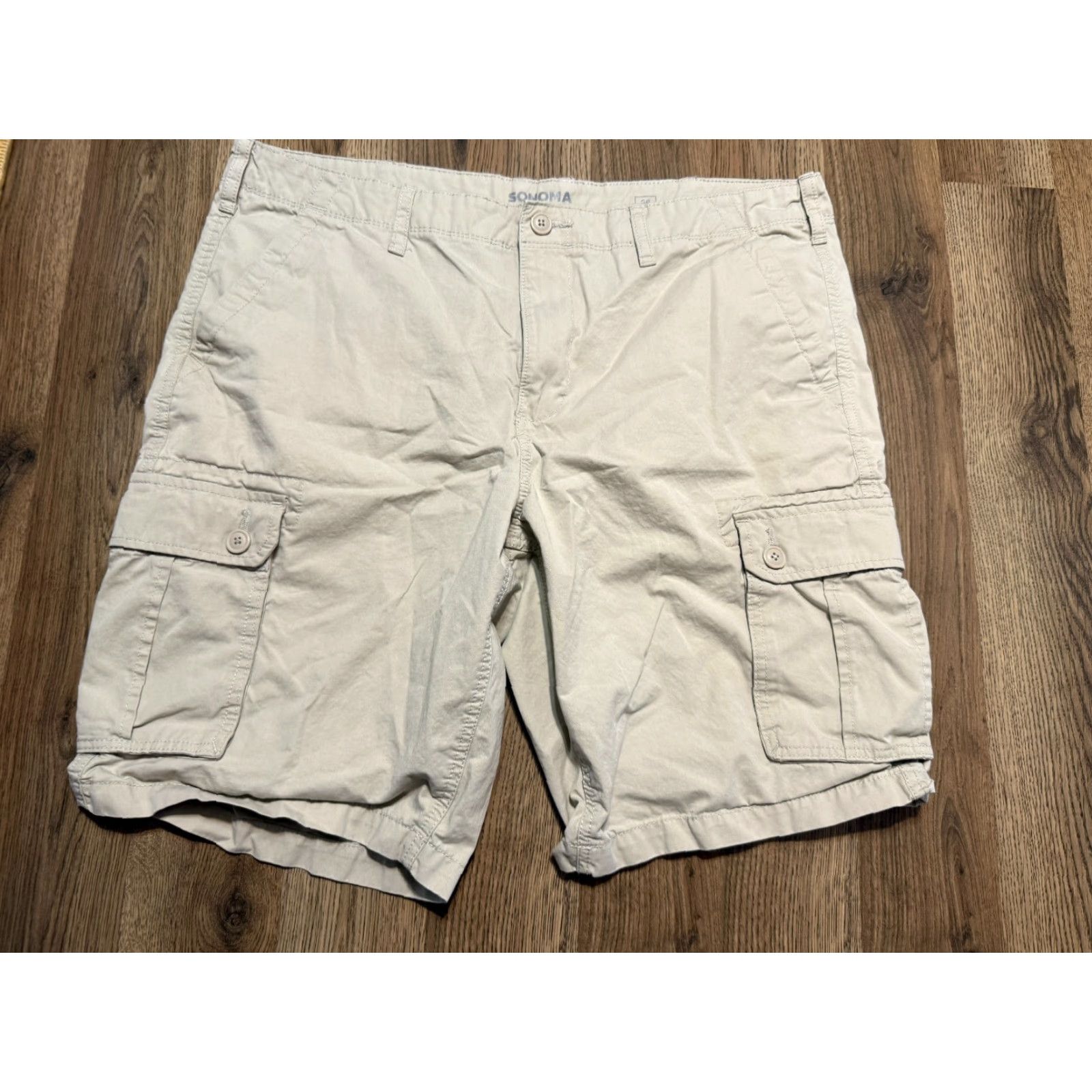 Vintage Sonoma Cargo Shorts Men's 38 Beige White Tan Multi Pockets Hiking Casual Regular Cotton Size US 38 / EU 54 - 2 Thumbnail