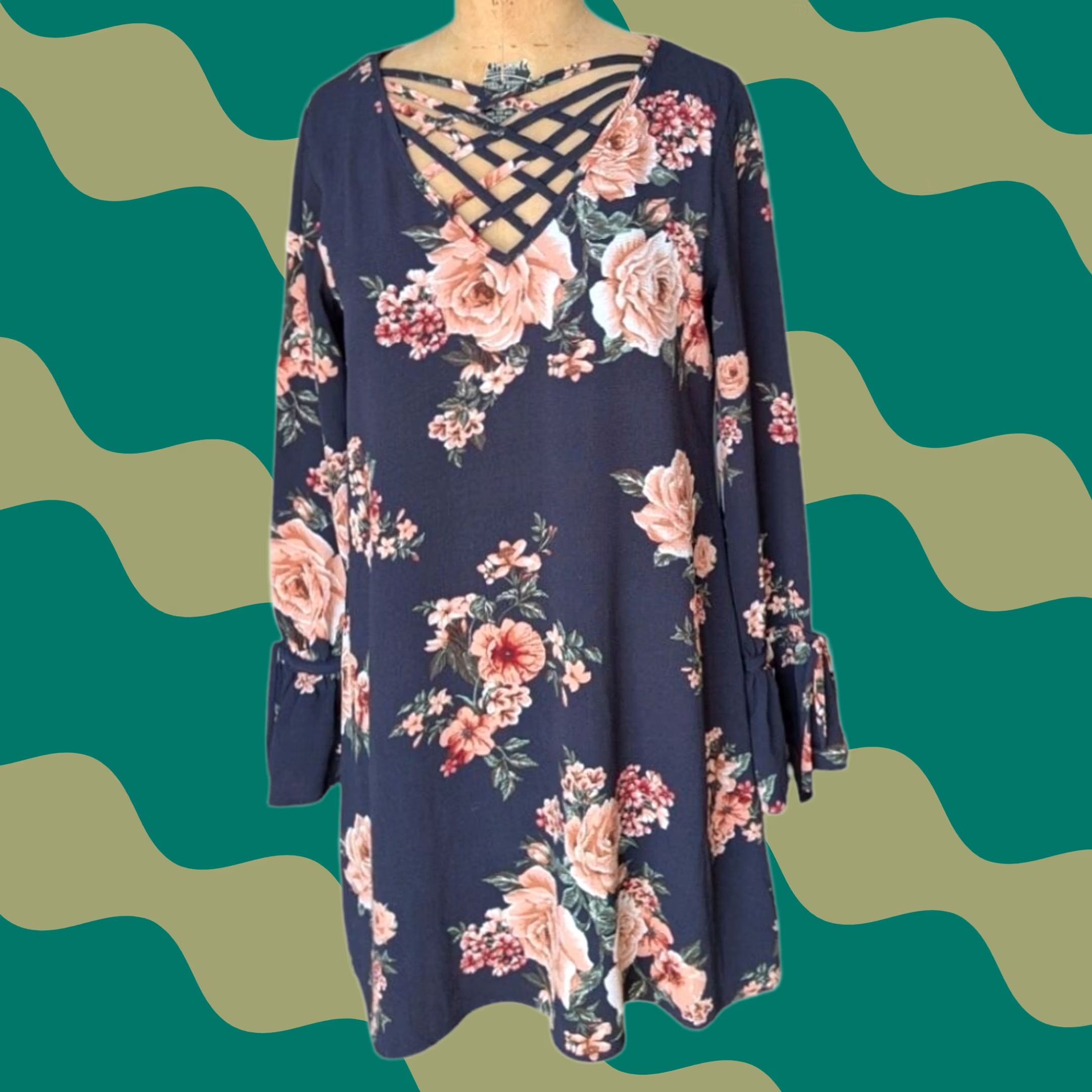 Vintage Navy Blue Floral Strappy V-Neck Bell Sleeve Shift Dress Boho Hippie Cottagecore Altar'd State Women S Bell Sleeve Dress Size S / US 4 / IT 40 - 1 Thumbnail