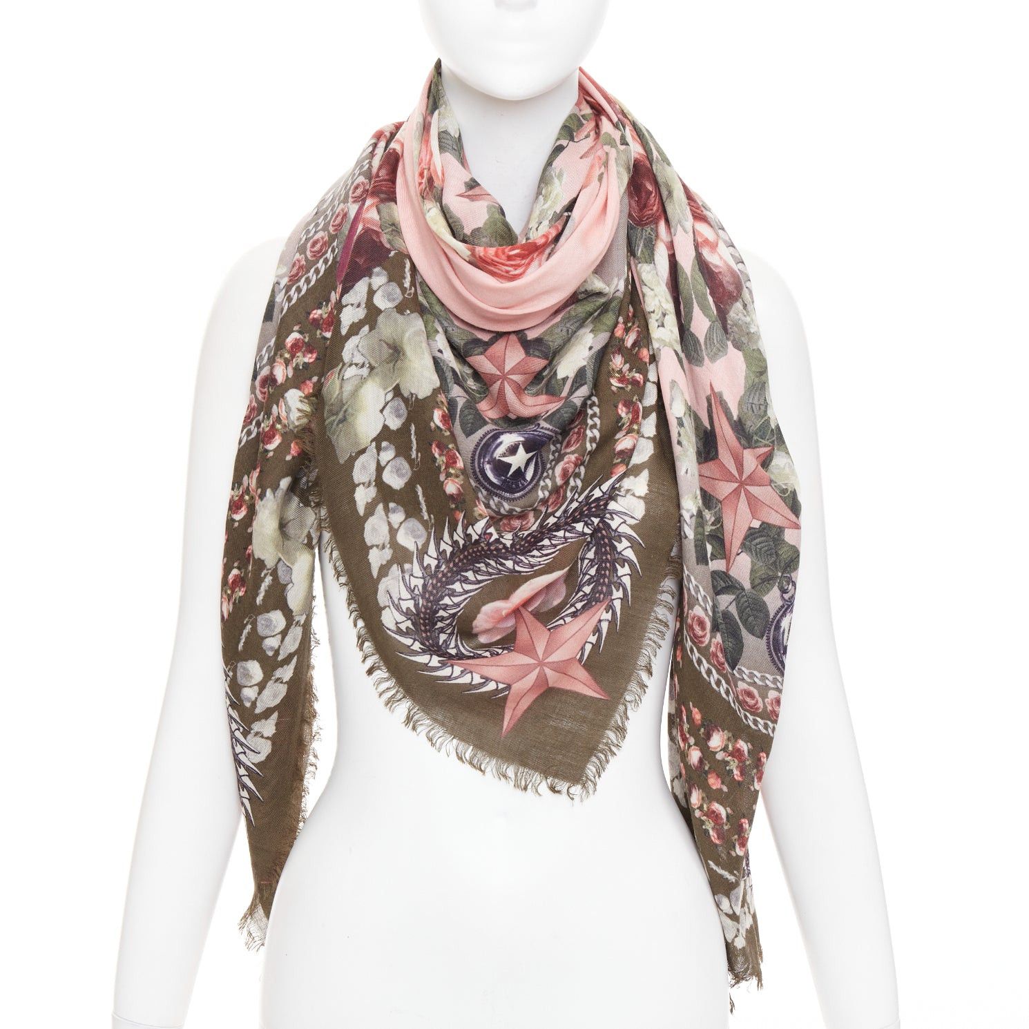 Givenchy GIVENCHY Riccardo Tisci pink olive green wool silk rose print fringed trim scarf Size ONE SIZE - 1 Thumbnail