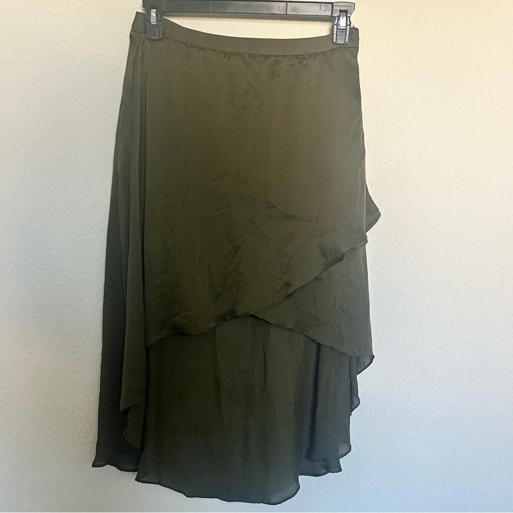 Designer REVOLVE Line & Dot Pleated Silk Wrap Olive Green Skirt Large Size 36" / US 14 / IT 50 - 2 Thumbnail