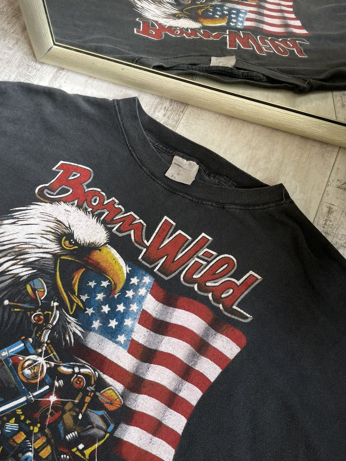 Harley Davidson × Vintage Vintage 1990 Born Wild Tee Eagle Motorcycle American Flag Size US XL / EU 56 / 4 - 4 Thumbnail