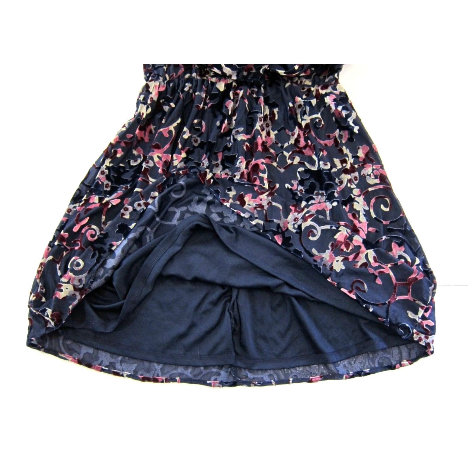 Vintage Bongo Blue Pink Floral Stretch Velvet High Neck Boho Sheath Empire Dress Small Women Short Sleeve Knee Length Size S / US 4 / IT 40 - 7 Thumbnail