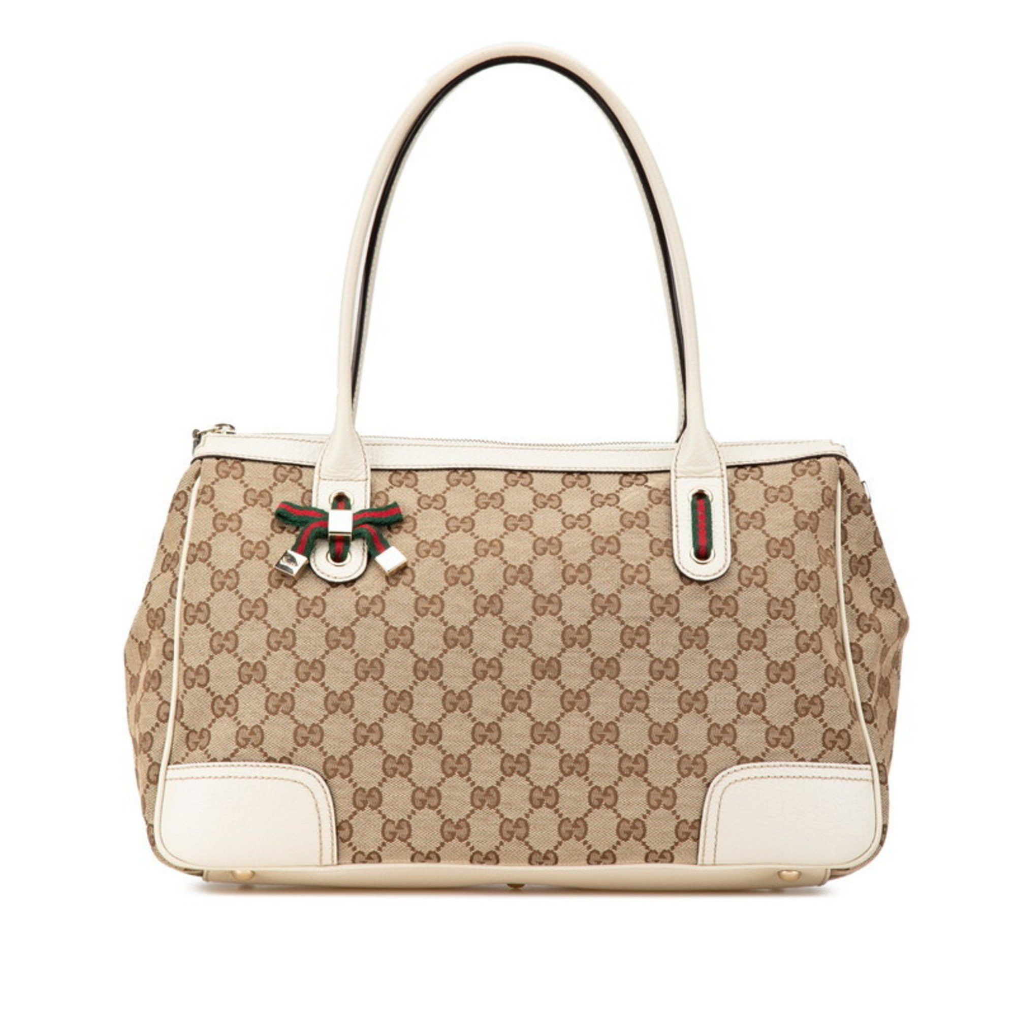 Gucci GG Canvas Princess Sherry Line Ribbon Handbag Tote Bag 177052 White Brown Leather Women's Gucci