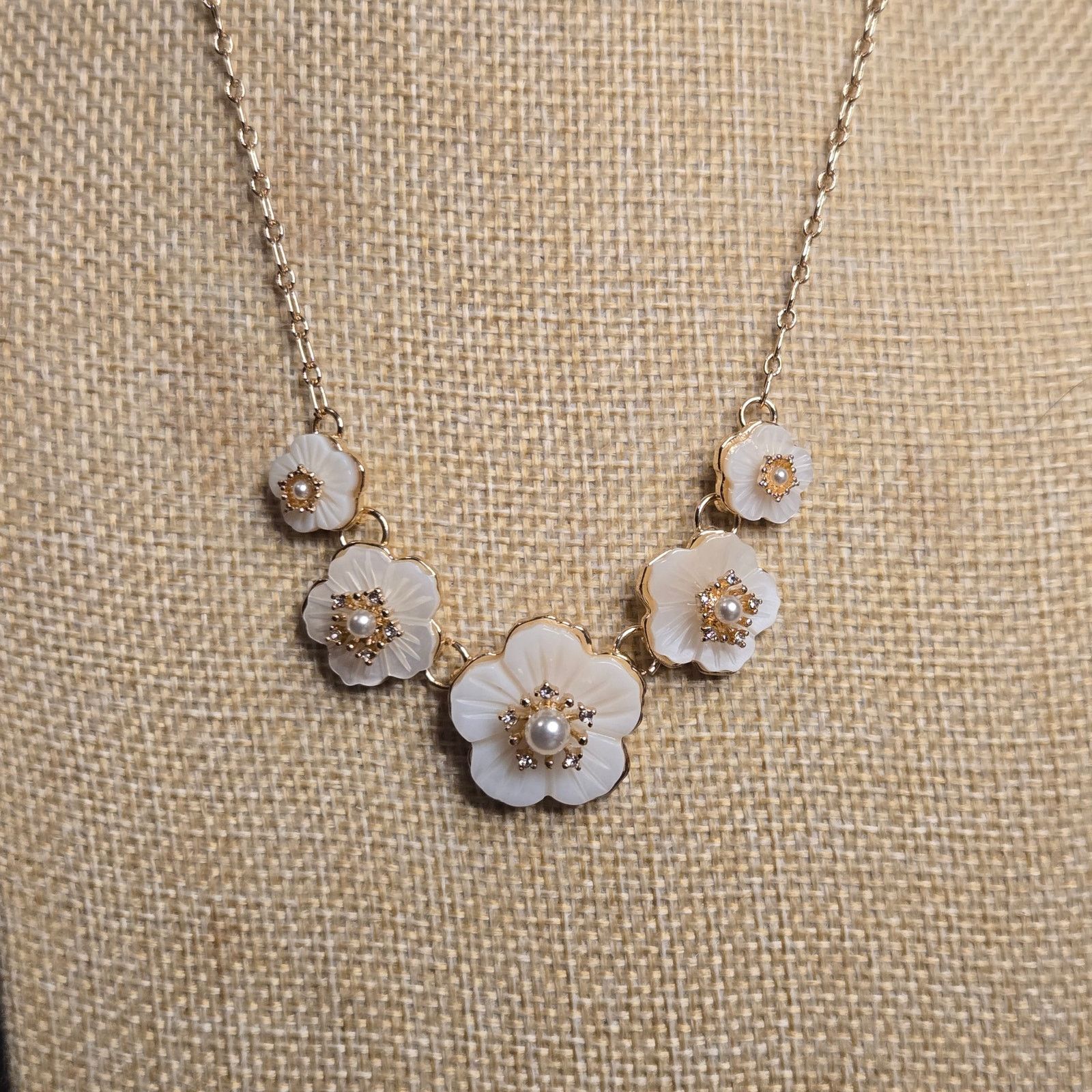 Pearled Ivory Gold Tone Ivory Floral Statement Necklace Spring Estate Glam Size ONE SIZE - 2 Thumbnail