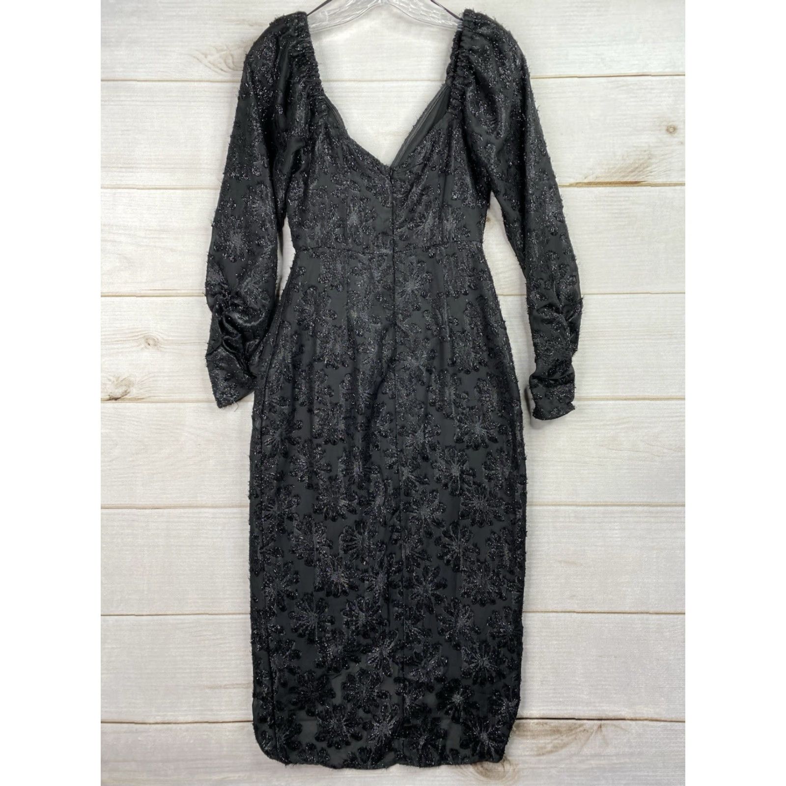ASTR The Label Dress XS Black Glitter Floral Metallic Faux Wrap Ruched Midi  Formal Party/Cocktail