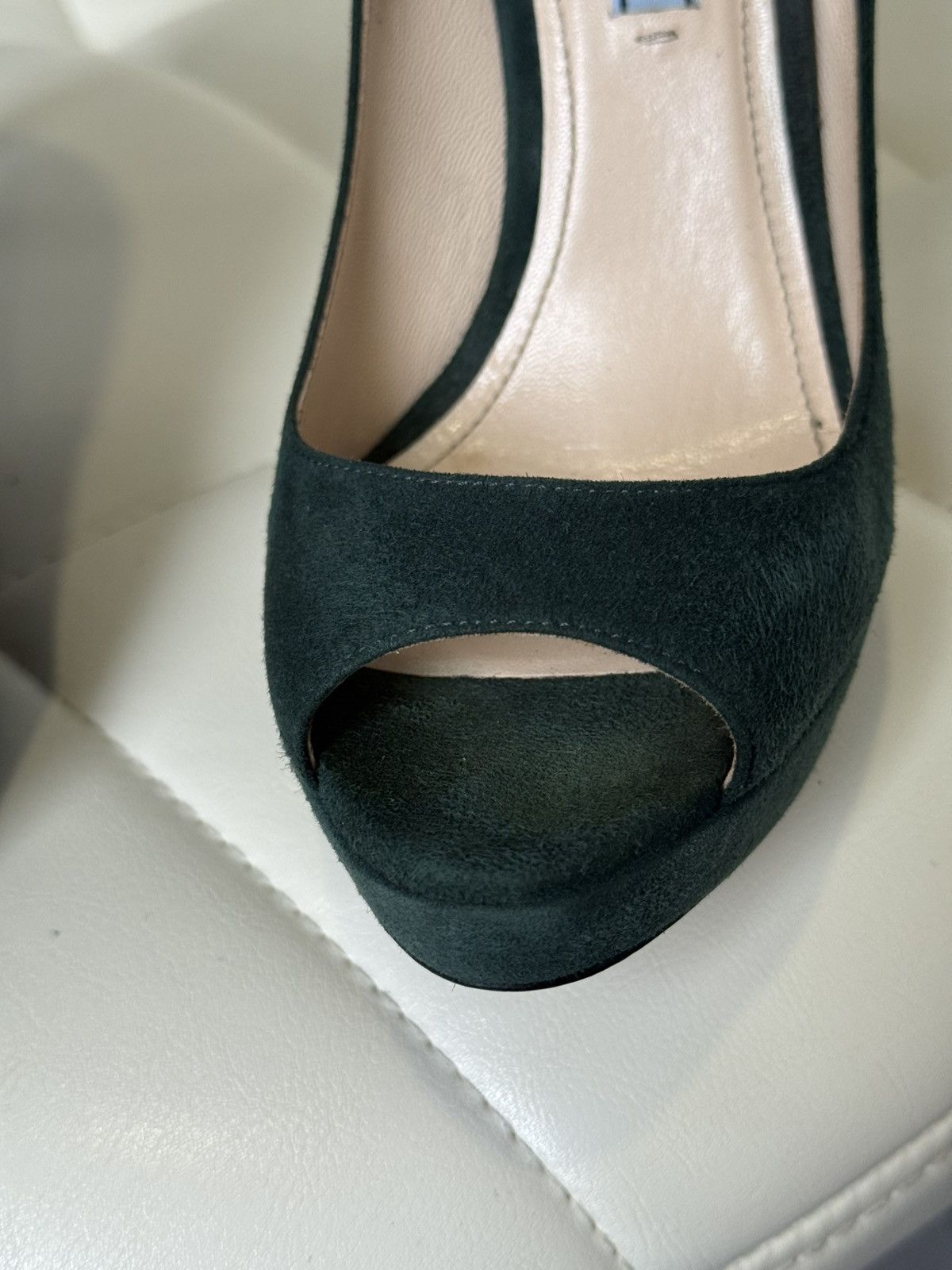 Prada Prada Green Suede Platform Peep Toe Stiletto High Heel Pumps Size US 7.5 / IT 37.5 - 16 Thumbnail