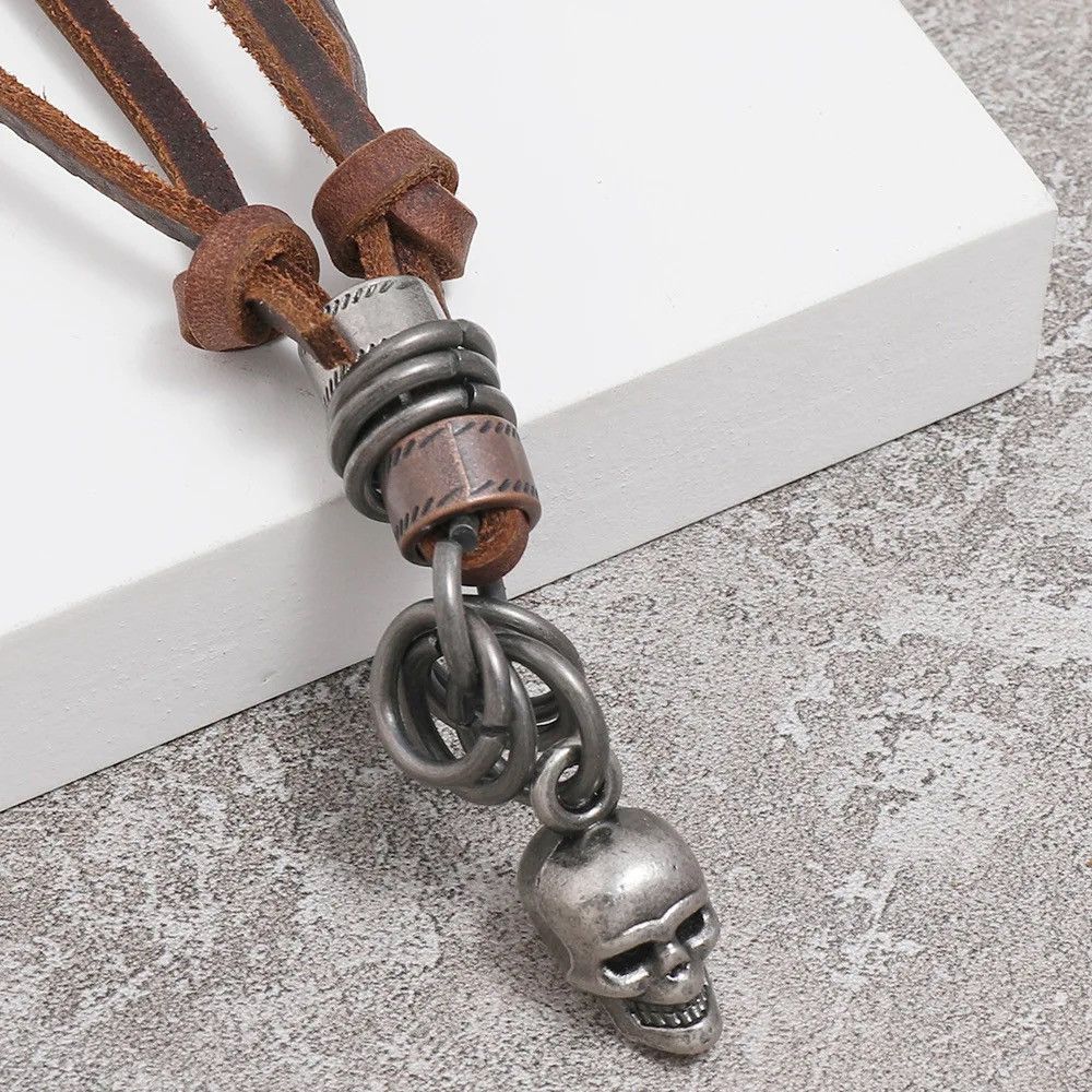 Leather Vintage Handmade Leather Skull Adjustable Necklace Size ONE SIZE - 1 Thumbnail