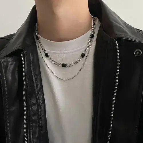 Jewelry Black Crystal Necklace in Silver, Men's