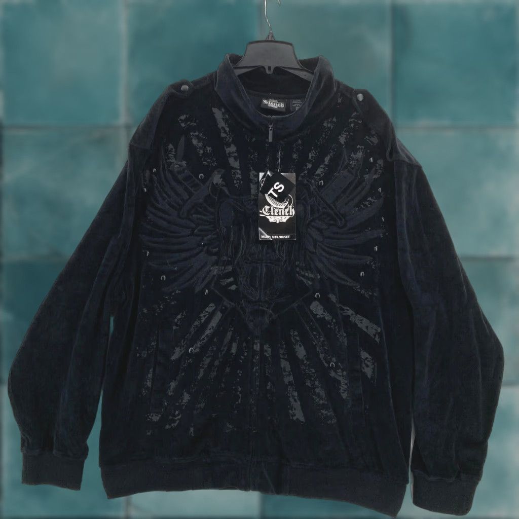 Velour VINTAGE Clench Tracksuit Jacket Mens 4XL Velour Black Embroidered Hip Hop Jacket Size 48R - 1 Thumbnail