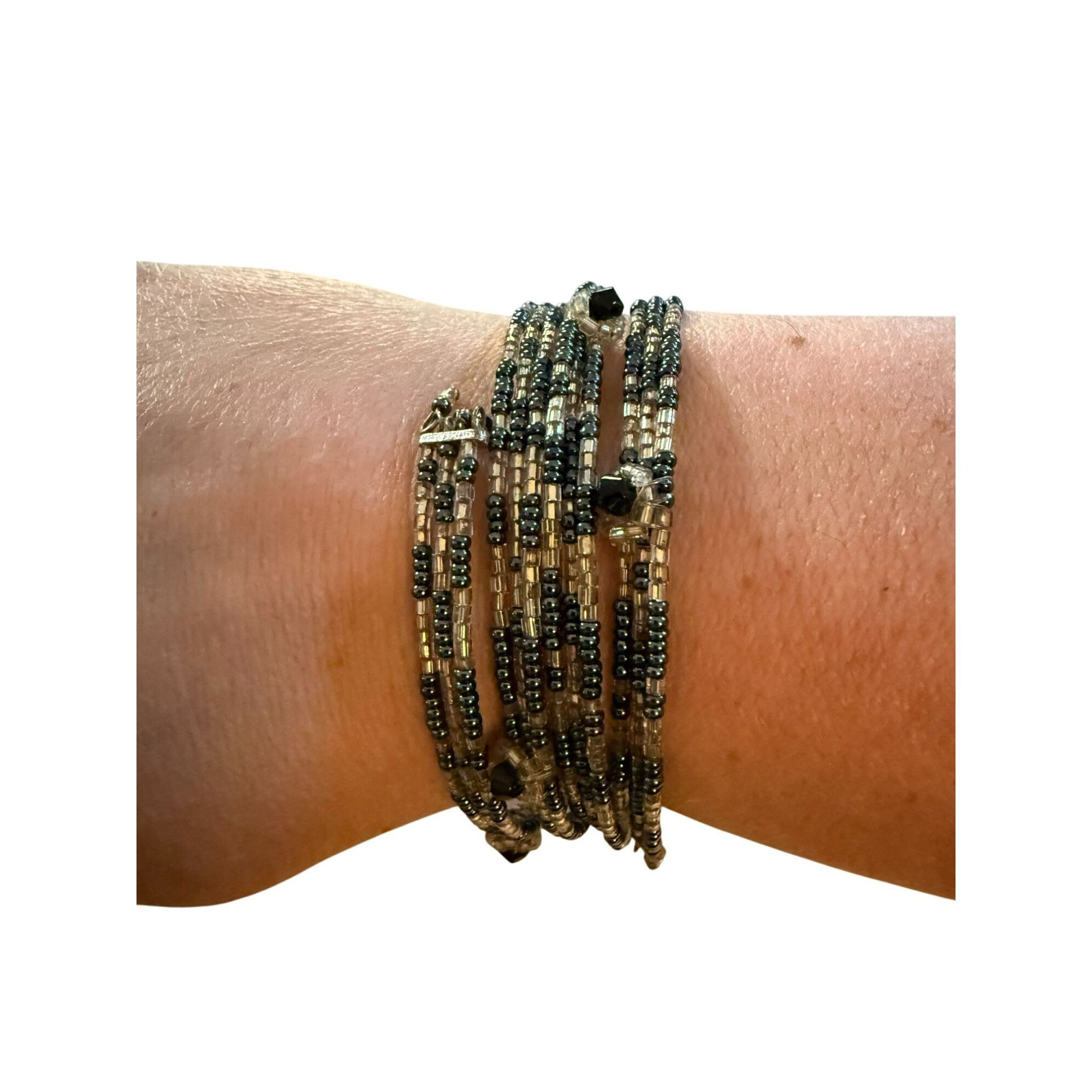 Other Adjustable Black & Clear Beaded Wire Wrap Bracelet Size ONE SIZE - 1 Thumbnail