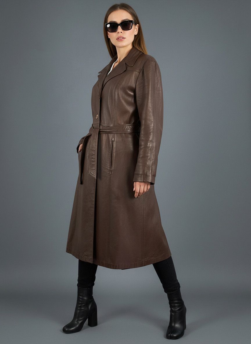 C&A Vintage 90s Brown Belted Leather Coat Trench Made in England Size M / US 6-8 / IT 42-44 - 2 Thumbnail