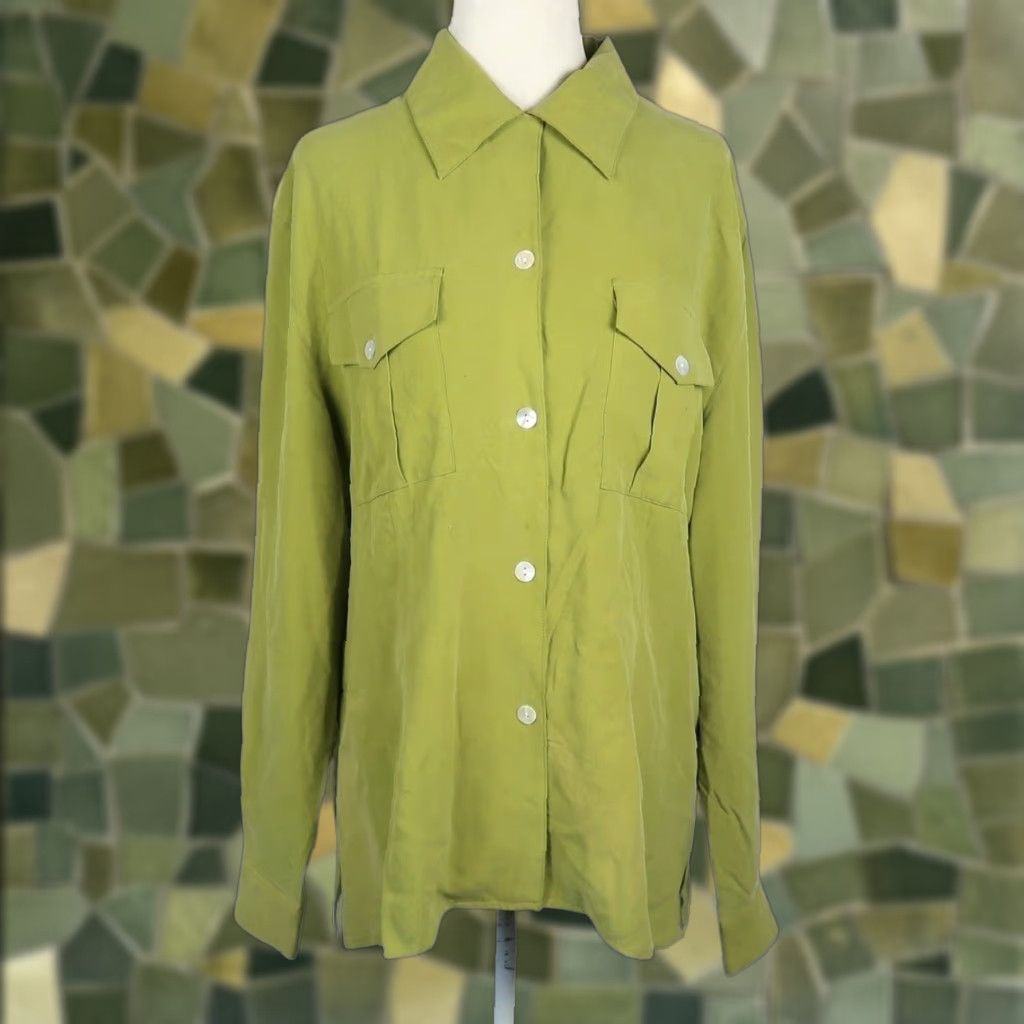 Vintage VINTAGE 90s Riva Silk Button-Down Blouse Top Womens L Green Chartreuse Silk Button-Down Blouse 90s Casual Workwear Womens Size L / US 10 / IT 46 - 1 Thumbnail