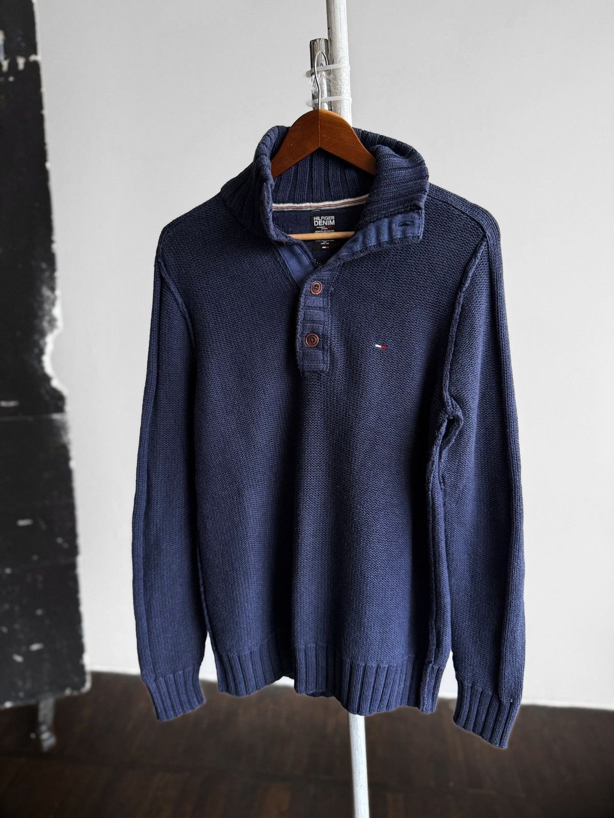 Tommy Hilfiger Tommy Hilfiger Denim Mens Navy Blue Button Neck Knit Sweater Size US XL / EU 56 / 4 - 1 Thumbnail