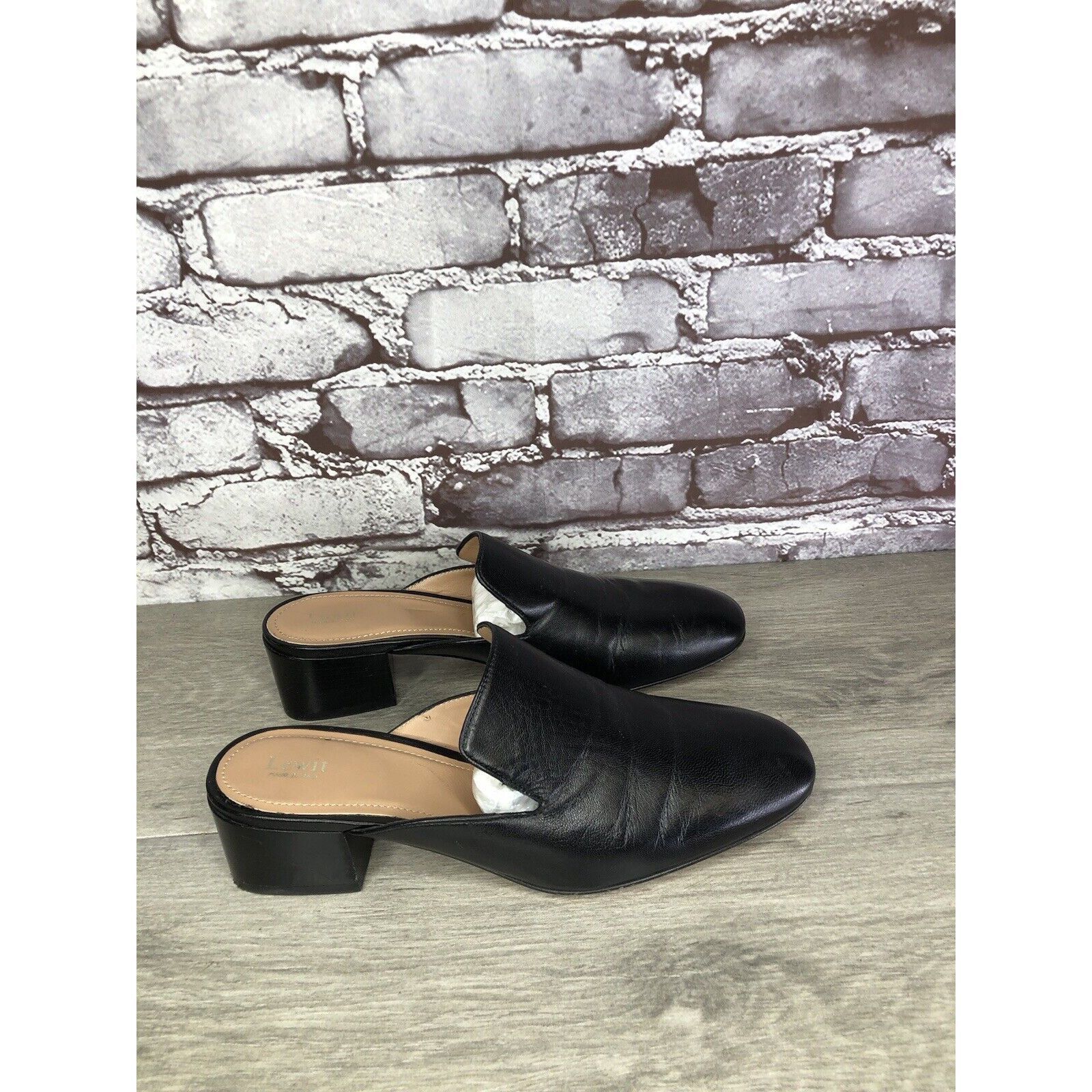 Other Lewit Black Leather Slip On Block Heel Mules Dress Shoes Wom Size US 7 / IT 37 - 15 Thumbnail