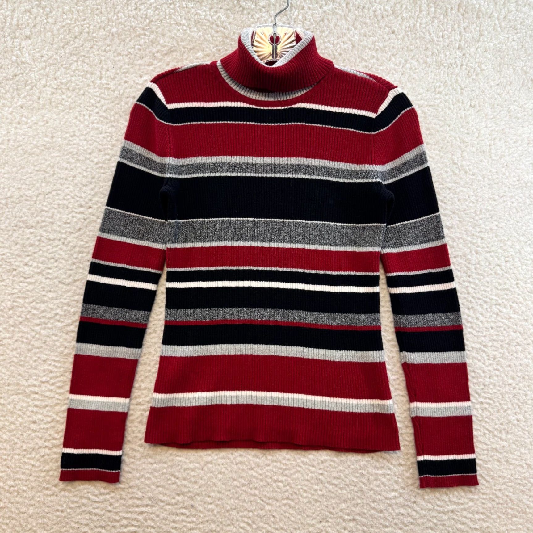 Liz Claiborne Y2K Vintage Striped Turtleneck Sweater Red Rib Knit Grunge Long Sleeve Liz Claiborne XS/S Women’s S Size S / US 4 / IT 40 - 2 Thumbnail