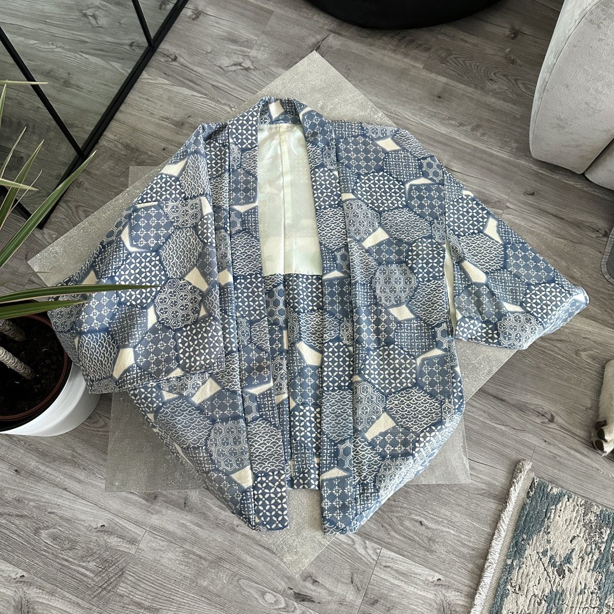 image of Vintage 90's Japanese Pure Silk Monogram Traditional Kimono in Blue, Men's (Size Large)