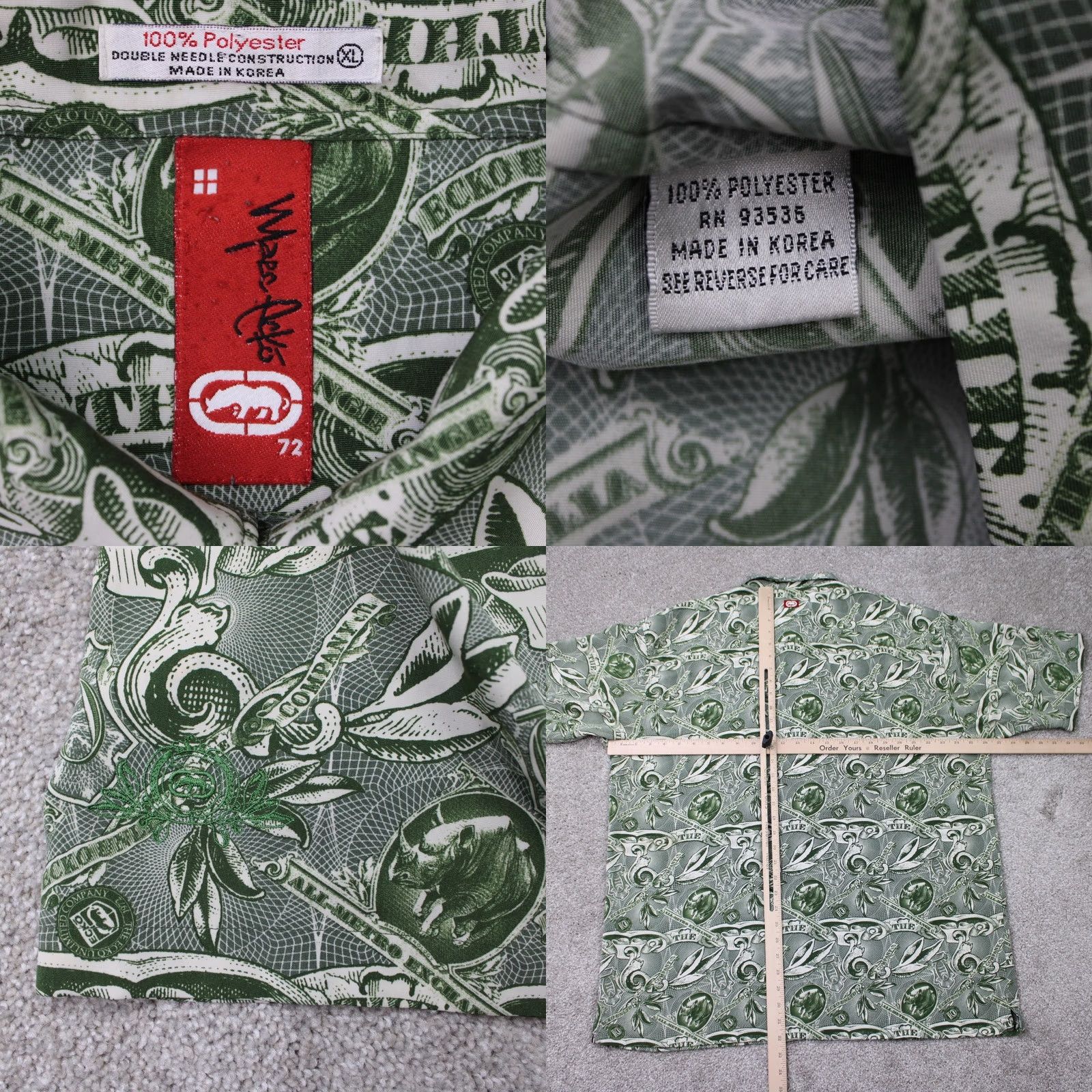 Ecko Unltd. VTG Marc Ecko Polo Shirt Mens XL Green All Over Print S/S Tie Button Embroidered Casual Polo Shirt Size US XL / EU 56 / 4 - 8 Thumbnail