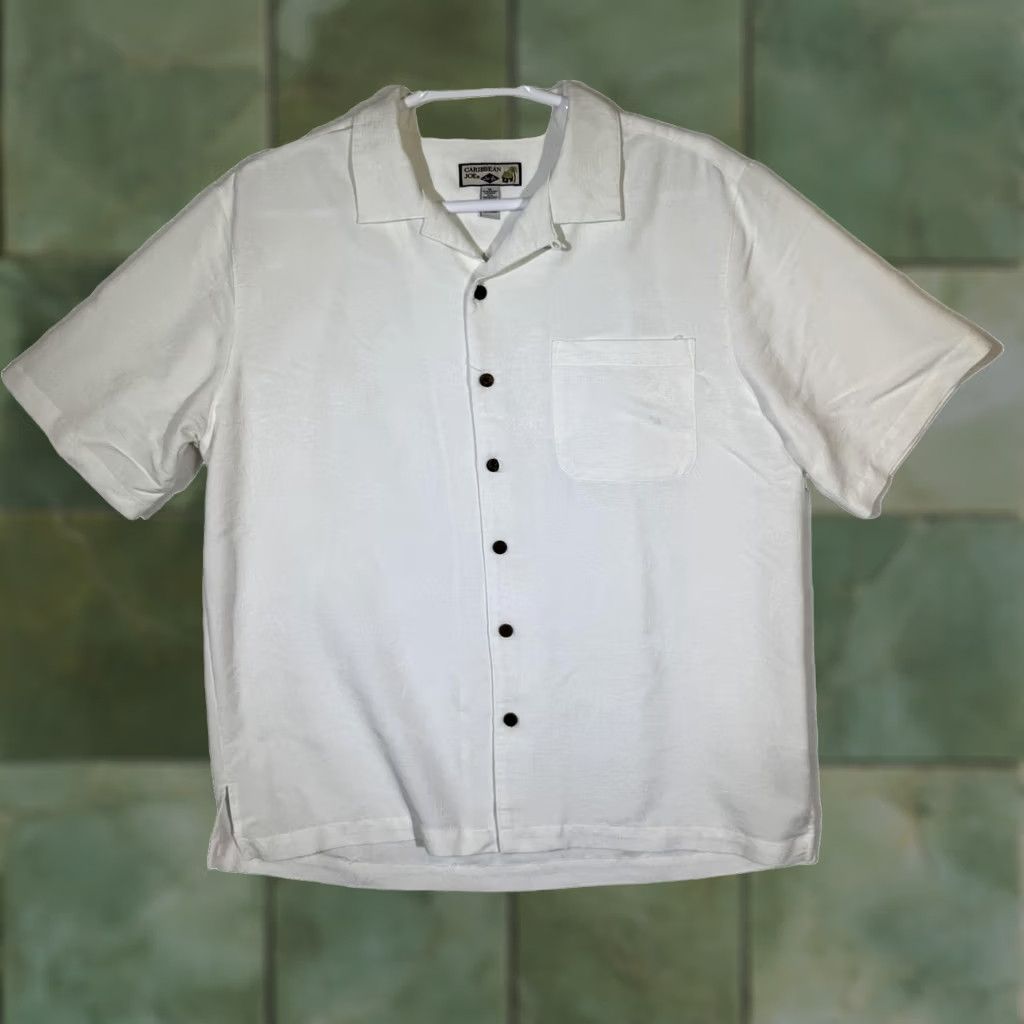 Vintage Caribbean Joe Shirt Mens XL White Camp Cuban Collar Button Front Pocket Jacquard Size US XL / EU 56 / 4 - 1 Thumbnail