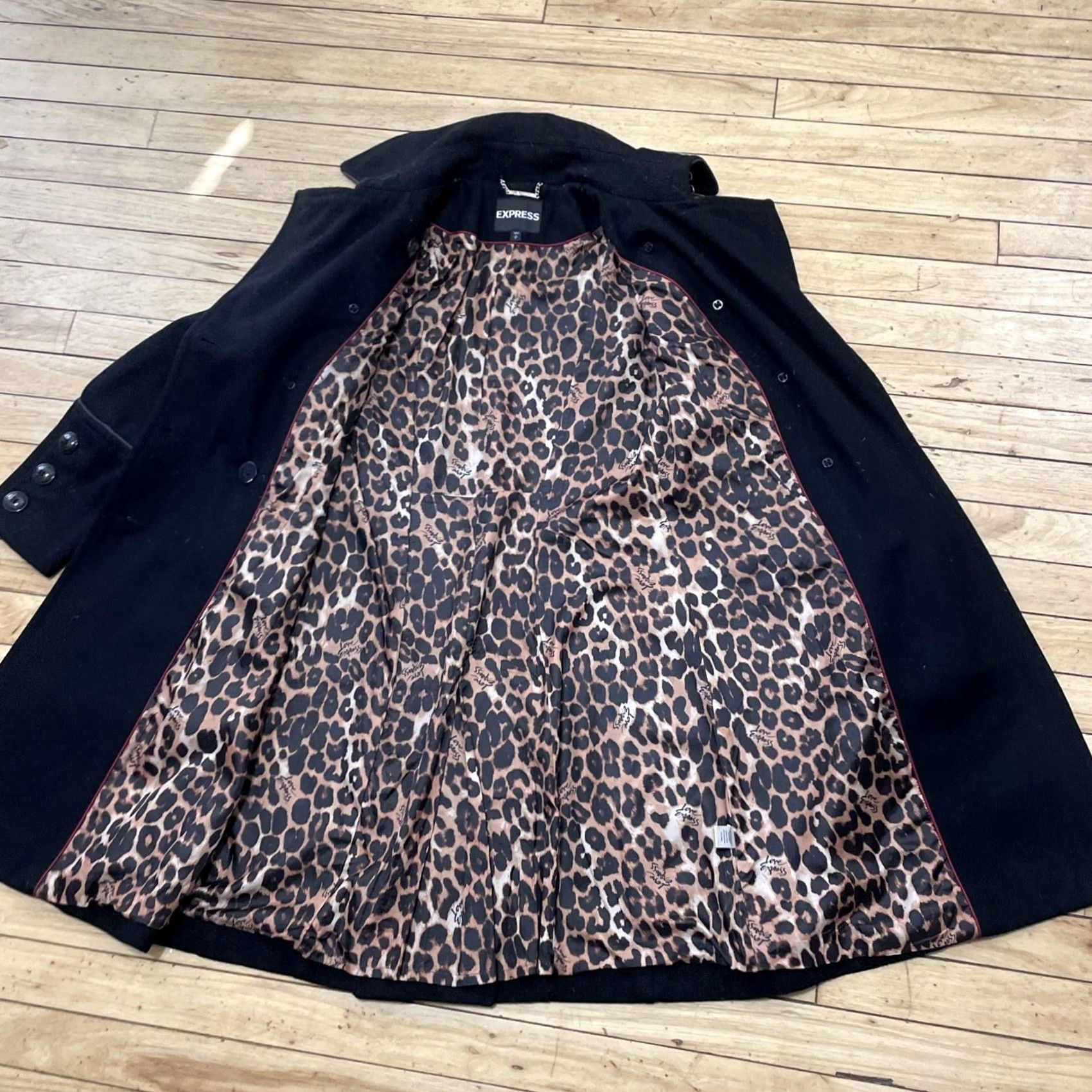 Express VINTAGE Express Wool Trench Peacoat Women S Black 10 Button Leopard Cheetah Lined Heavy Overcoat w/o Belt Coat Women Black xs? Size S / US 4 / IT 40 - 6 Thumbnail