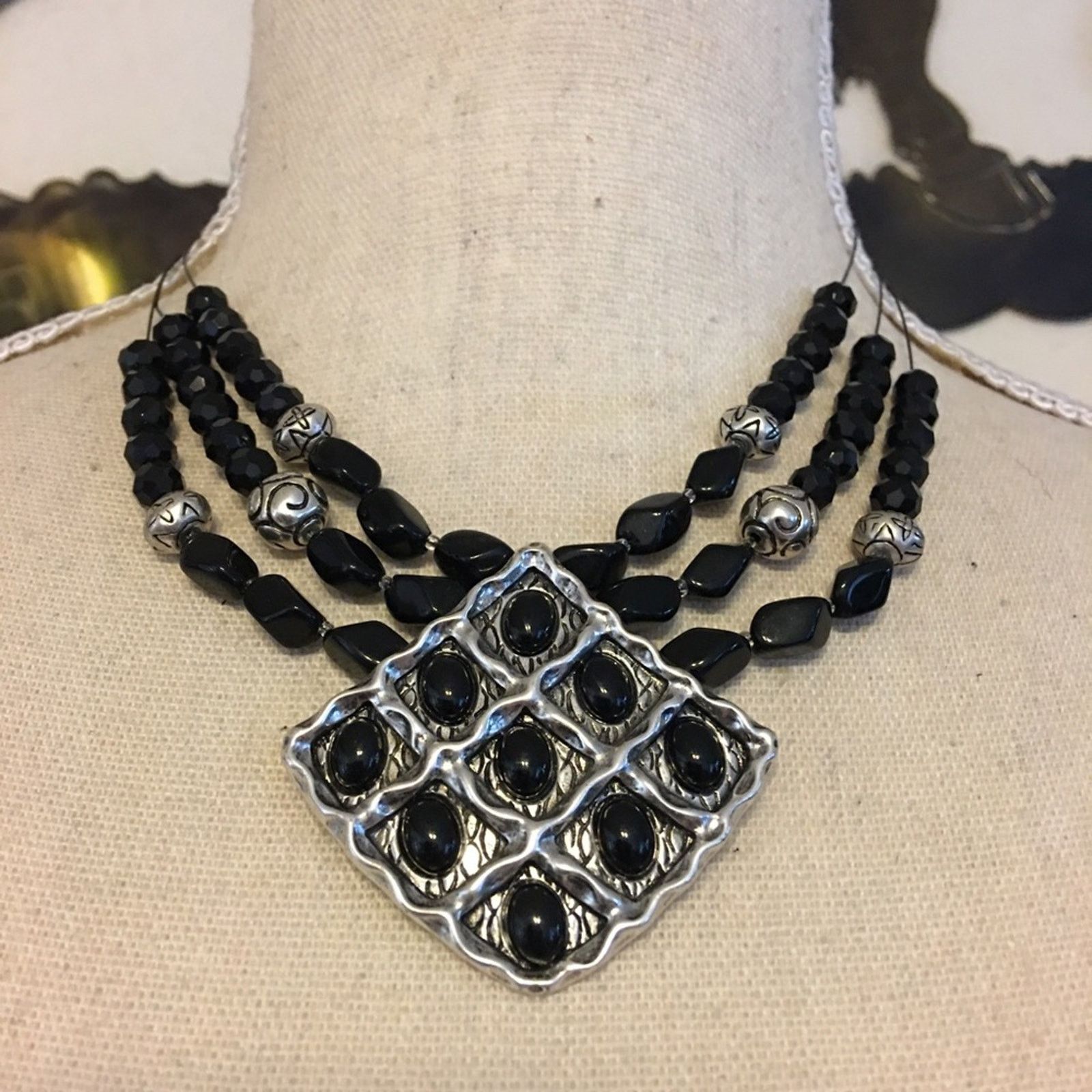 Jewelry ChicoS Silver And Black Medallion Beaded Necklace, Women's