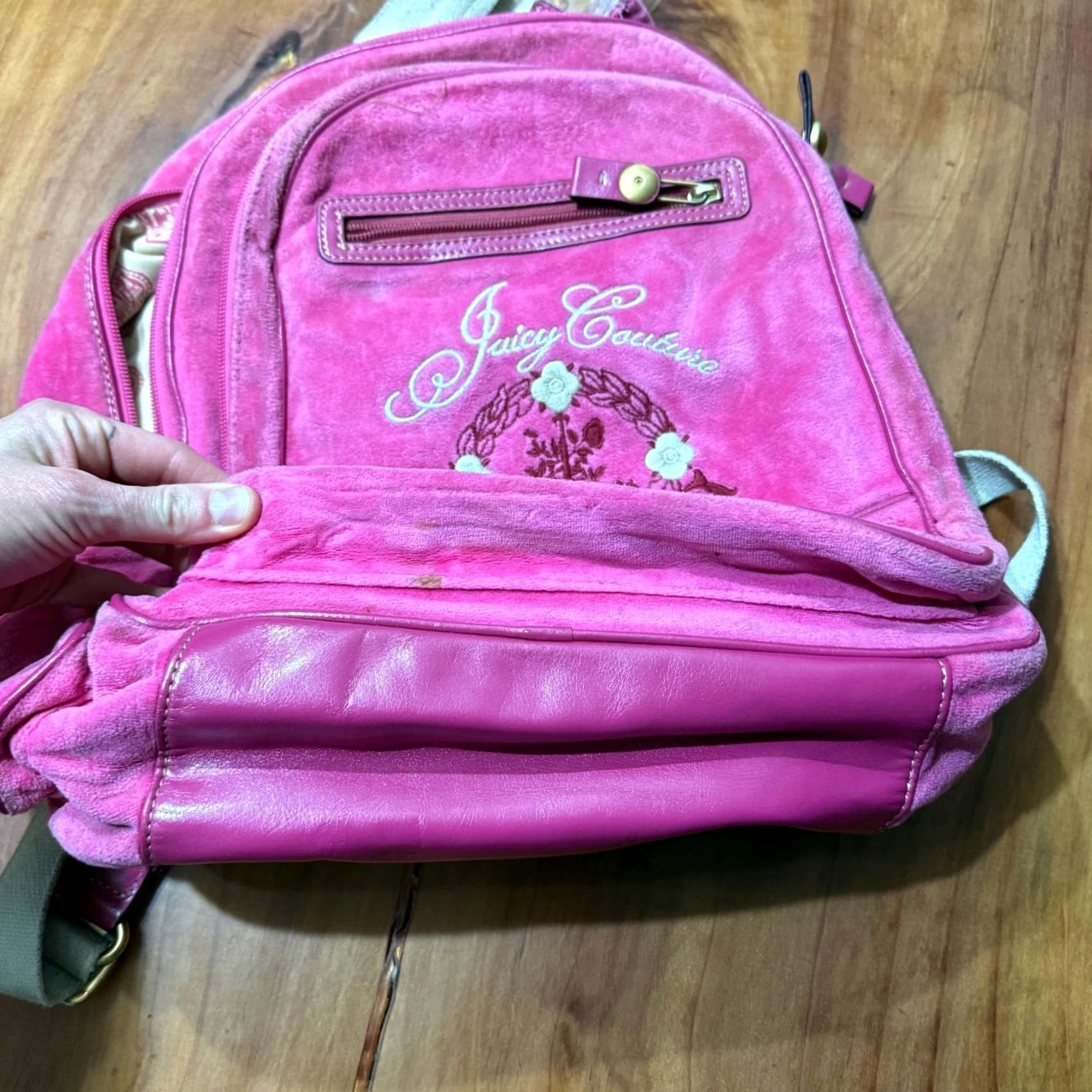 Juicy Couture VINTAGE Juicy Couture Backpack Bag Embroidered Velour 2000's Velvet Candy Pink Womens Medium Bag Backpack Size ONE SIZE - 2 Thumbnail