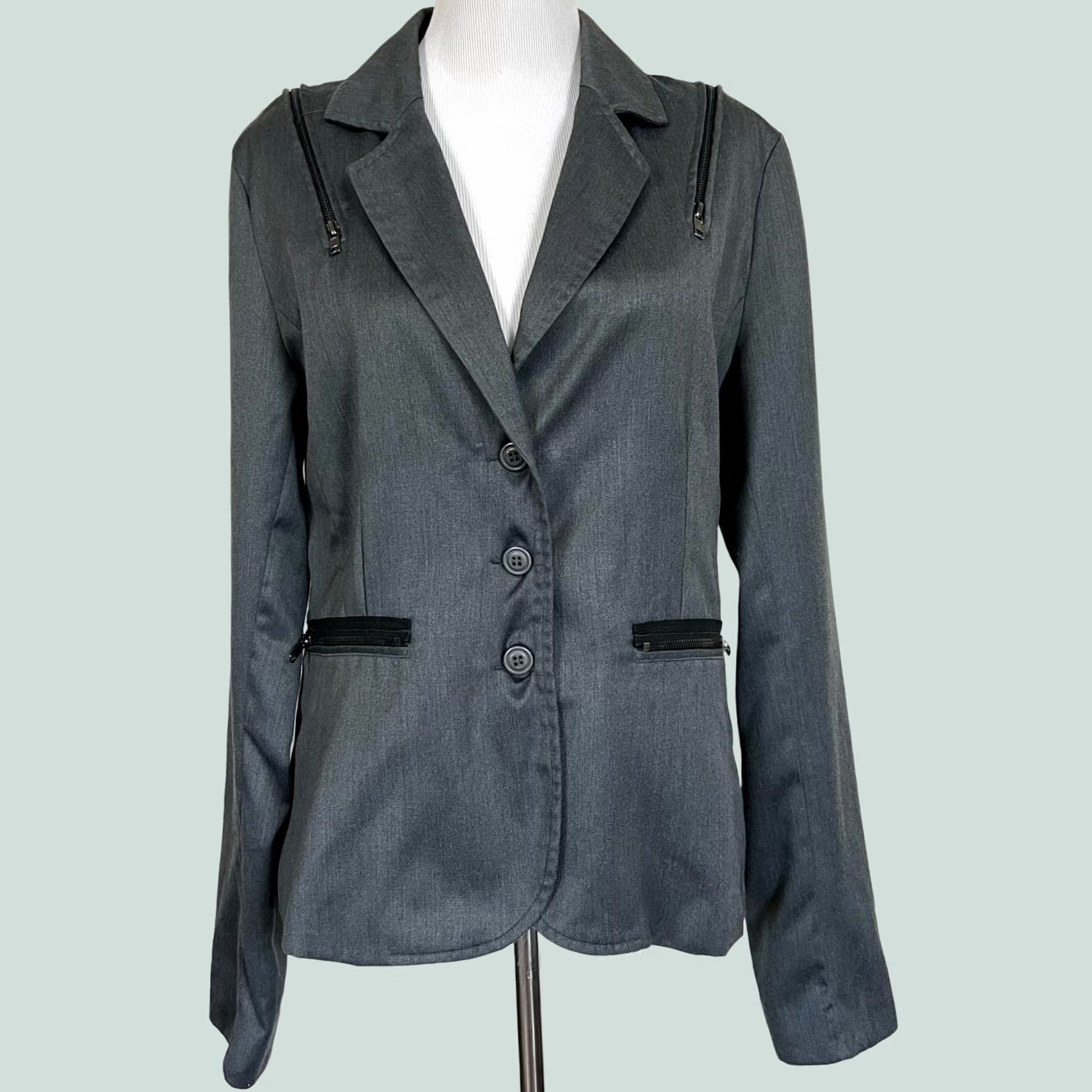 Vintage Chor Women’s Jacket Blazer Gray 3-Button Pockets Accent Zippers Wool Blend Sz L Size L / US 10 / IT 46 - 1 Thumbnail