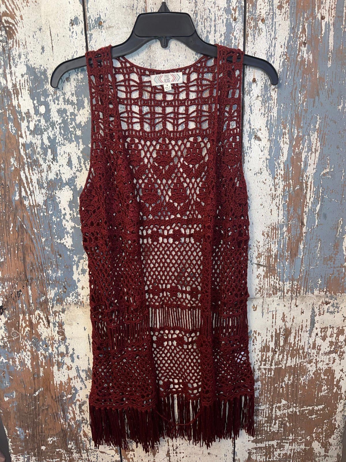 Designer Pink Rose maroon cardigan vest, crocheted, small, fringe Size S / US 4 / IT 40 - 1 Thumbnail