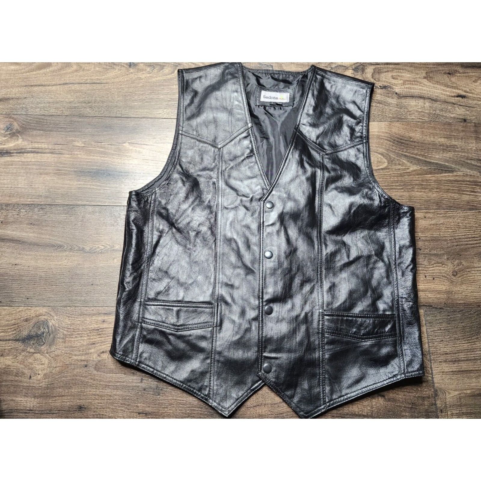 Vintage Sedona Mens L Leather Biket Vest American Eagle Snap Vest Black 90s? USA Flag Embroidered Leather Like Material on Eagle/USA Snap Front Mens Size US L / EU 52-54 / 3 - 4 Thumbnail