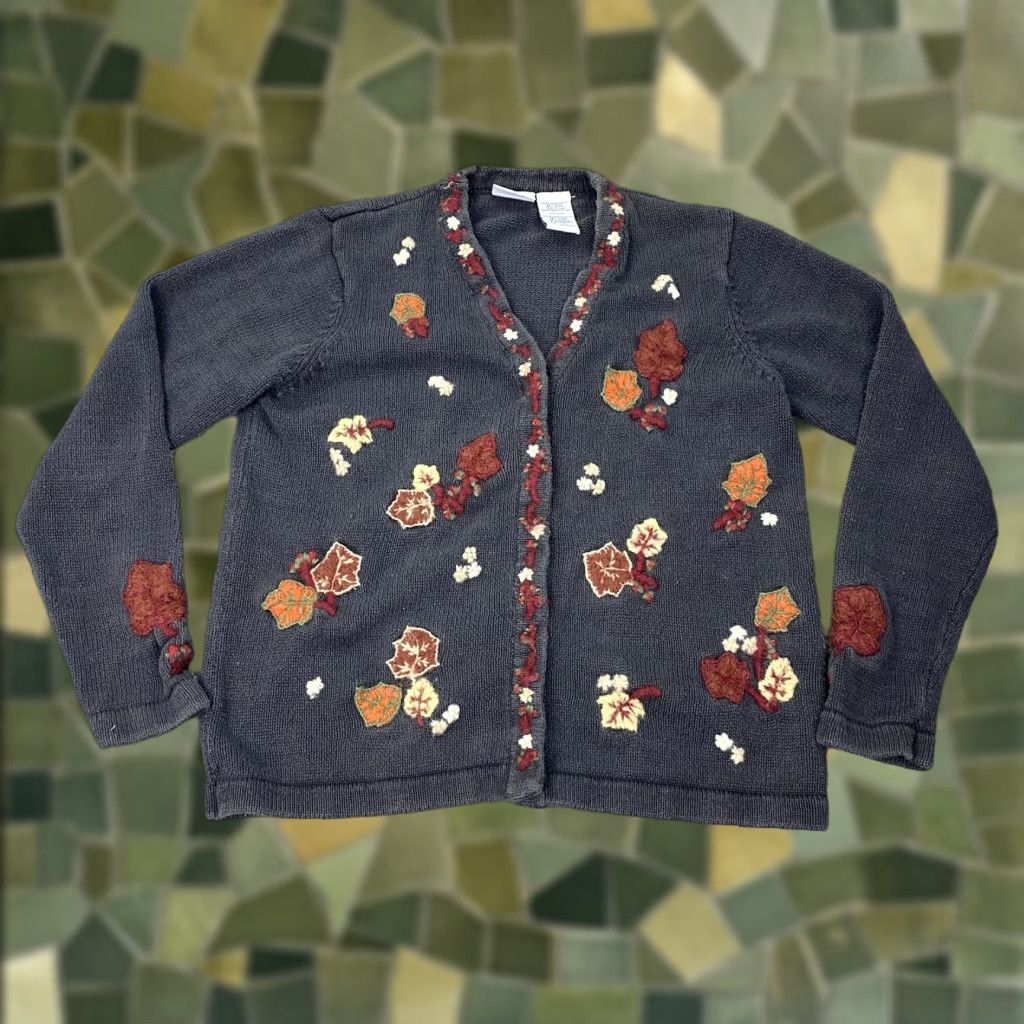Vintage VINTAGE Bobbie Brooks Cardigan Sweater Womens Medium Gray Embroidered Autumn Leaves 55% Ramie, 45% Cotton Mens? Size M / US 6-8 / IT 42-44 - 1 Thumbnail