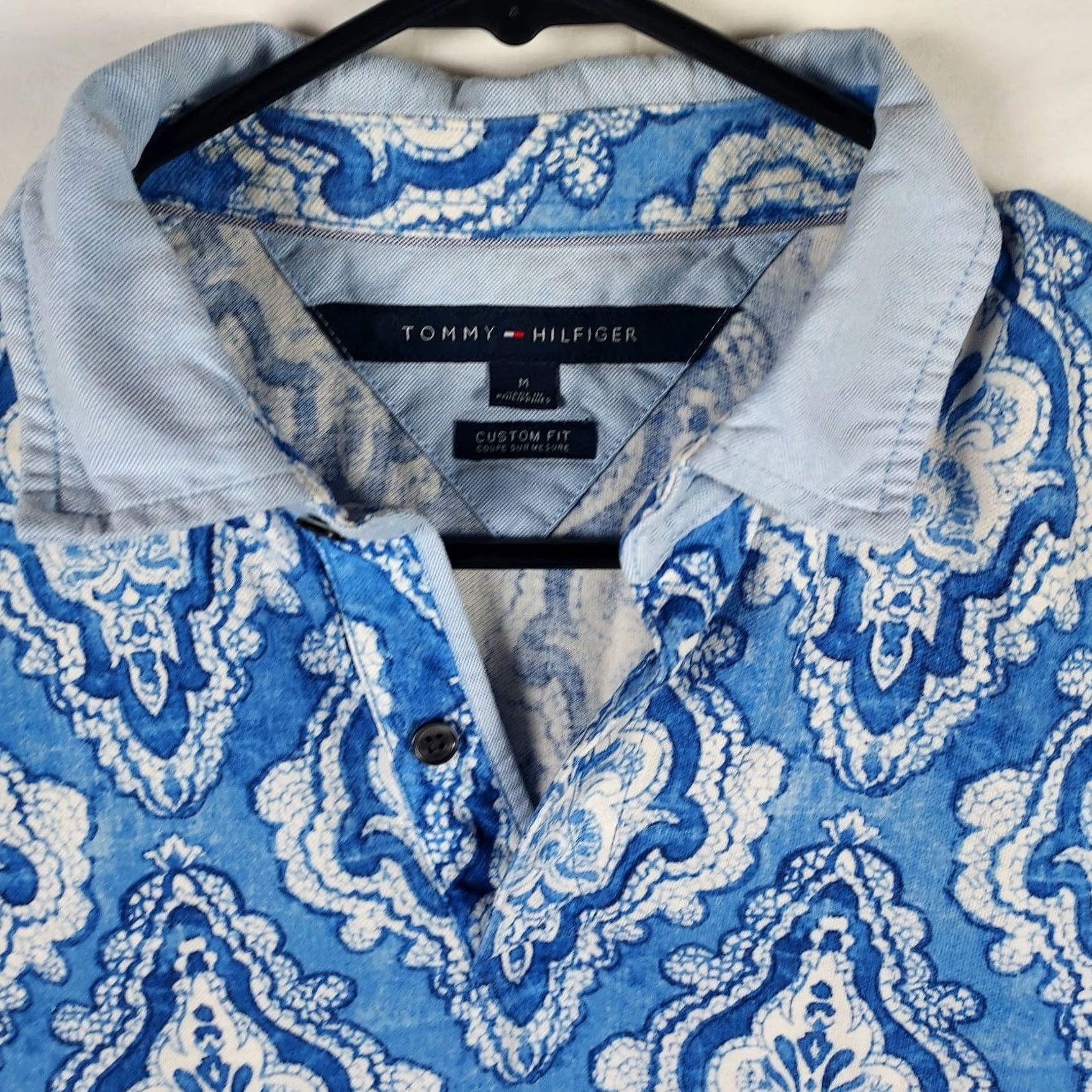 Tommy Hilfiger Tommy Hilfiger Polo Men’s M Blue White Damask Pattern Short Sleeve Shinfect? Size US M / EU 48-50 / 2 - 3 Thumbnail