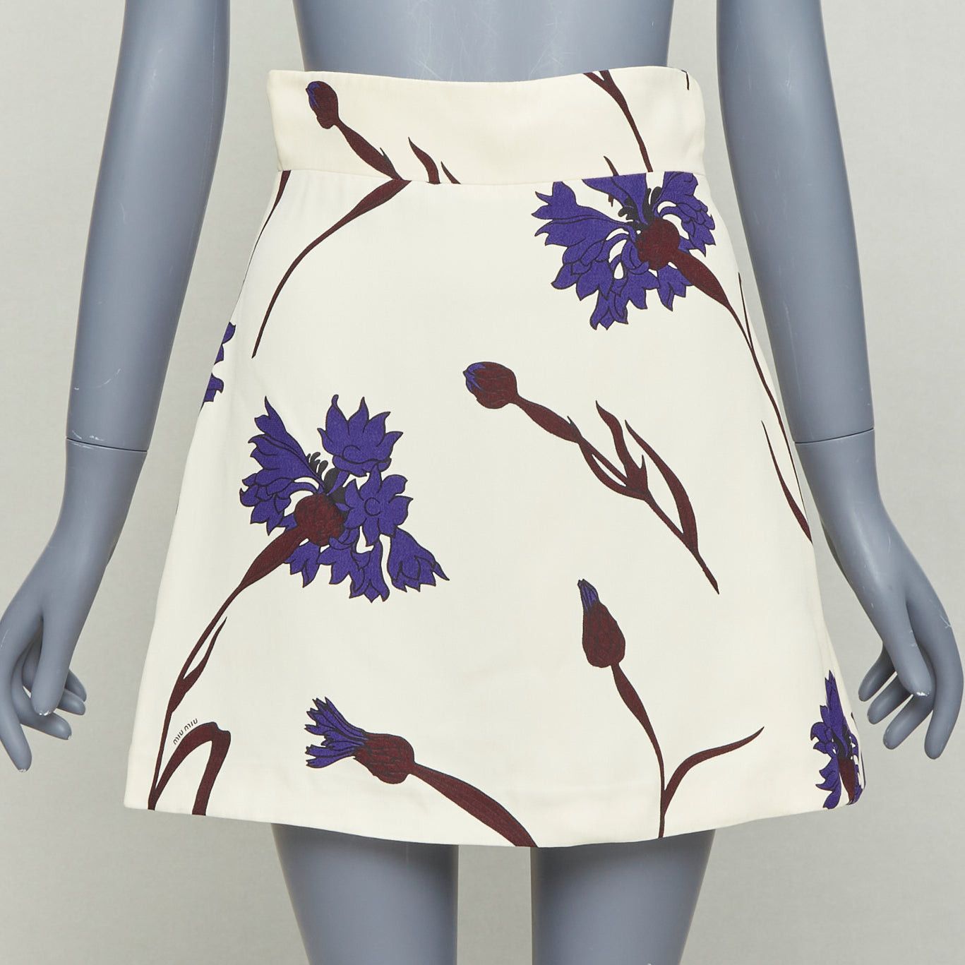 Miu Miu MIU MIU 2014 cream purple floral high waisted Aline skirt IT38 XS Size 26" / US 2 / IT 38 - 1 Thumbnail