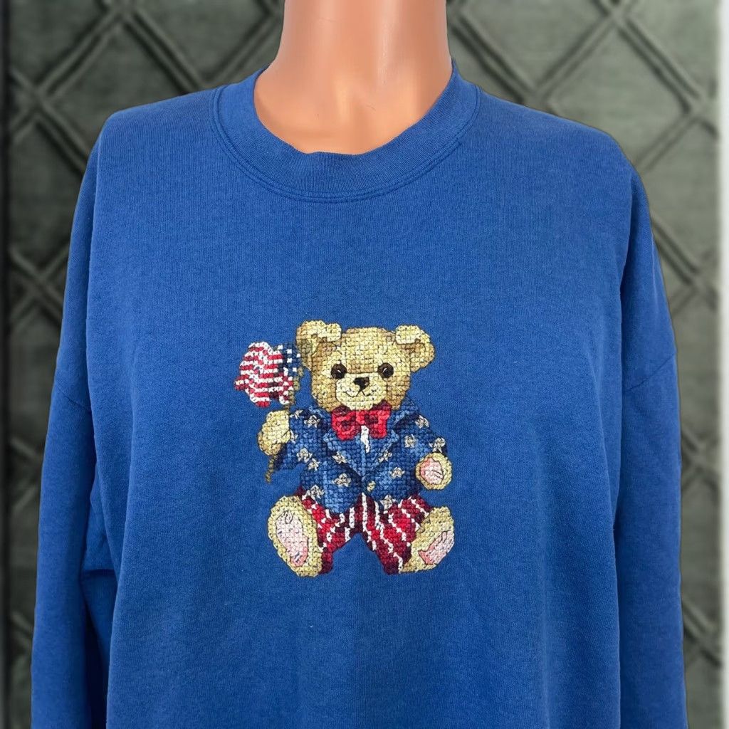 VINTAGE JERZEES Patriotic Bear Crewneck Sweatshirt 90s Blue Size 2XL Mens