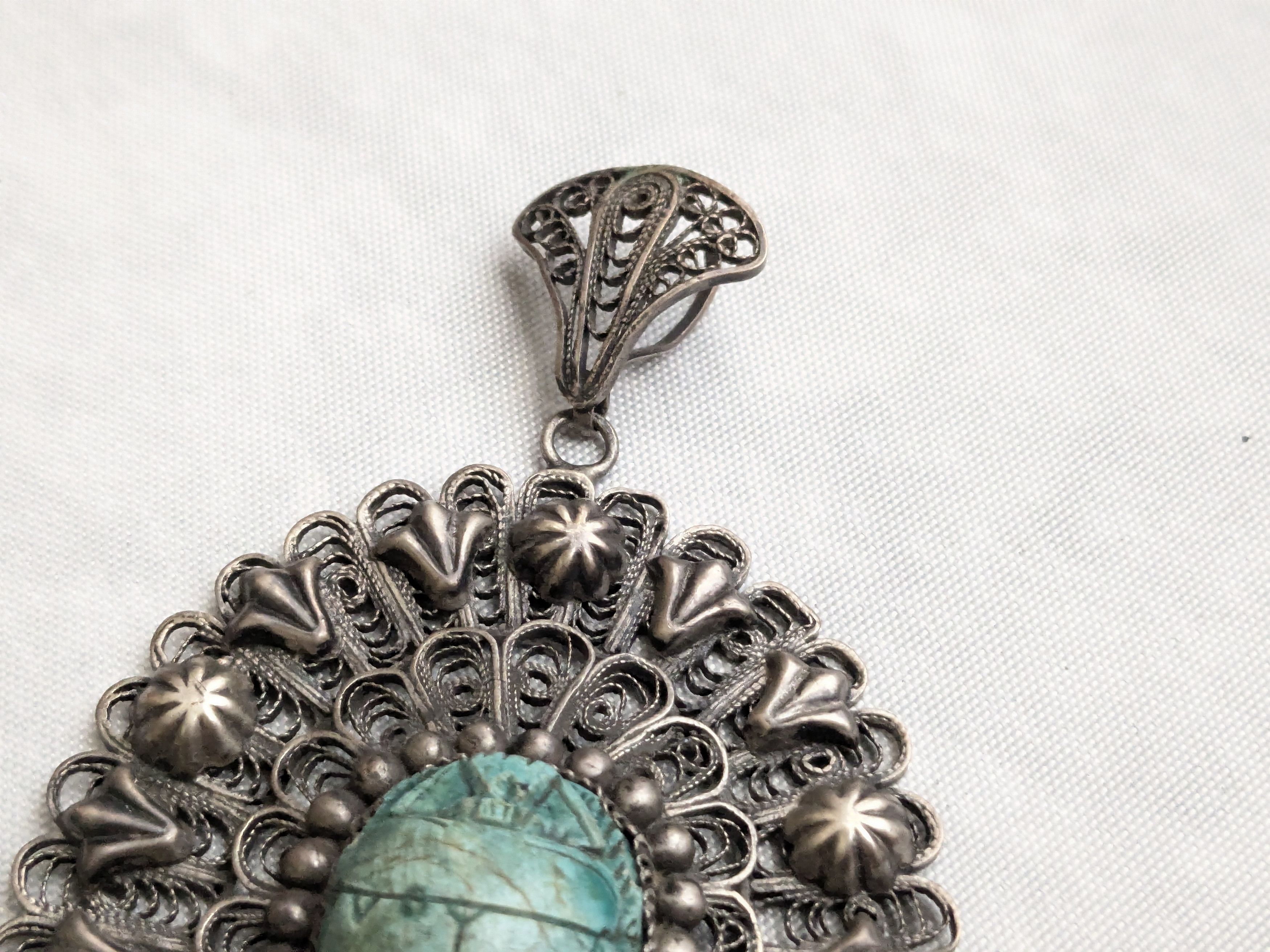 Jewelry Egyptian Silver Scarab Pendant Filigree Faience Blue Oval Size ONE SIZE - 2 Thumbnail