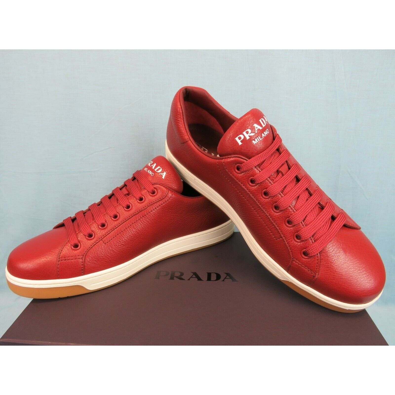 Prada 4E3507 RED TEXTURED LEATHER LOGO LOW TOP SNEAKERS 7.5 Size US 8.5 / EU 41-42 - 9 Thumbnail
