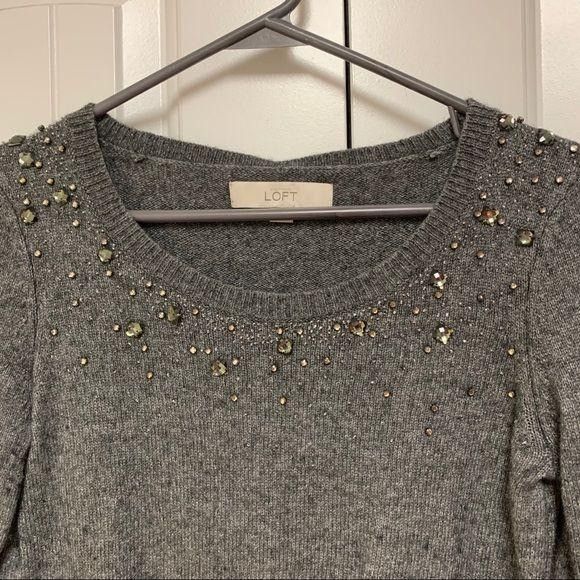 Loft Loft Grey Rhinestone Embellished Crewneck Sweater Small Size S / US 4 / IT 40 - 3 Thumbnail
